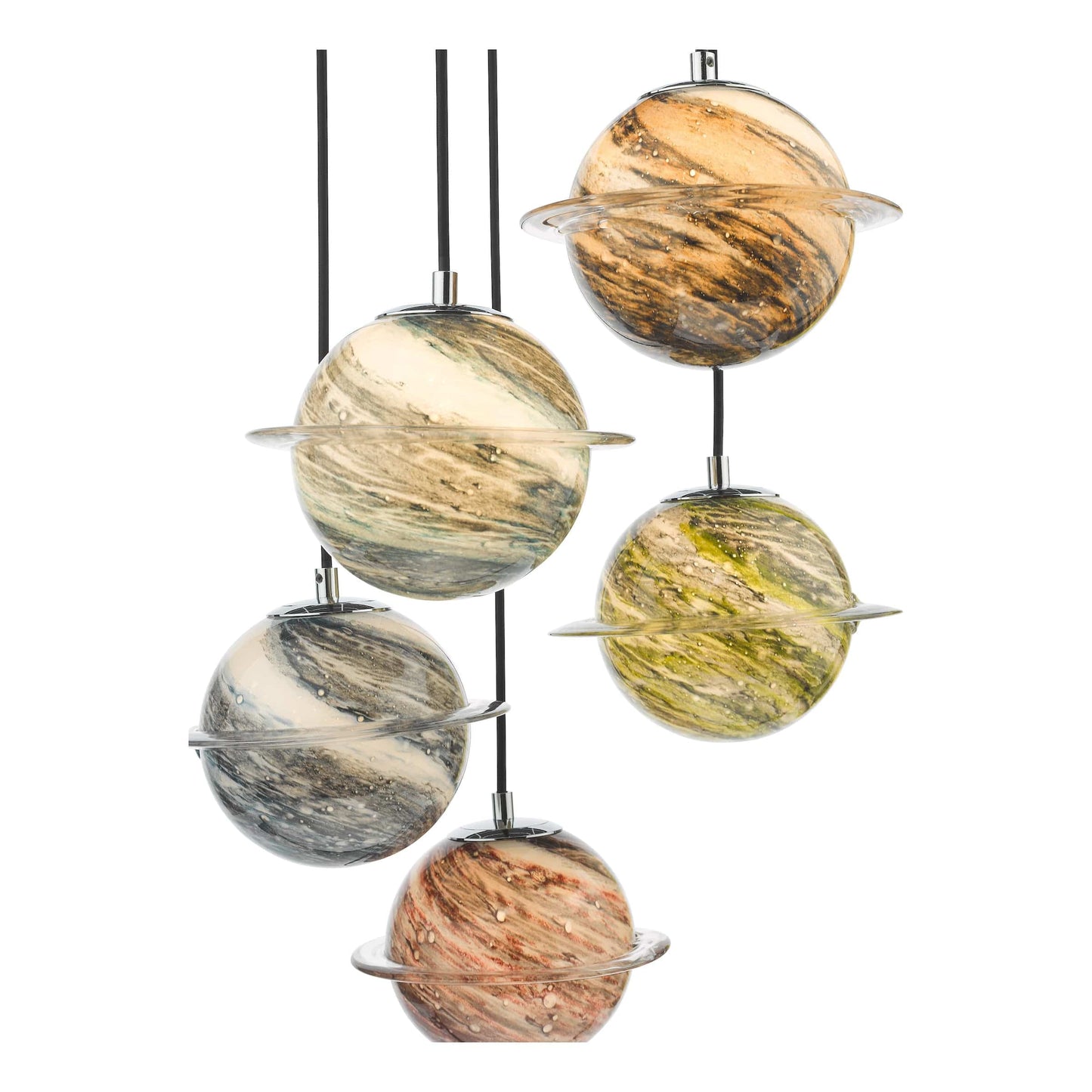 dar lighting Cygnus 5 Light Cluster Pendant Polished Chrome and Planet Style Glass CYG0555