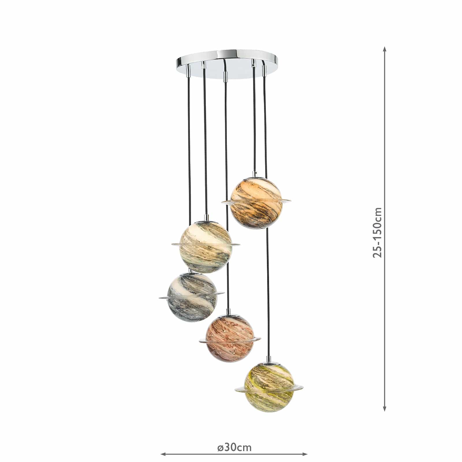 dar lighting Cygnus 5 Light Cluster Pendant Polished Chrome and Planet Style Glass CYG0555