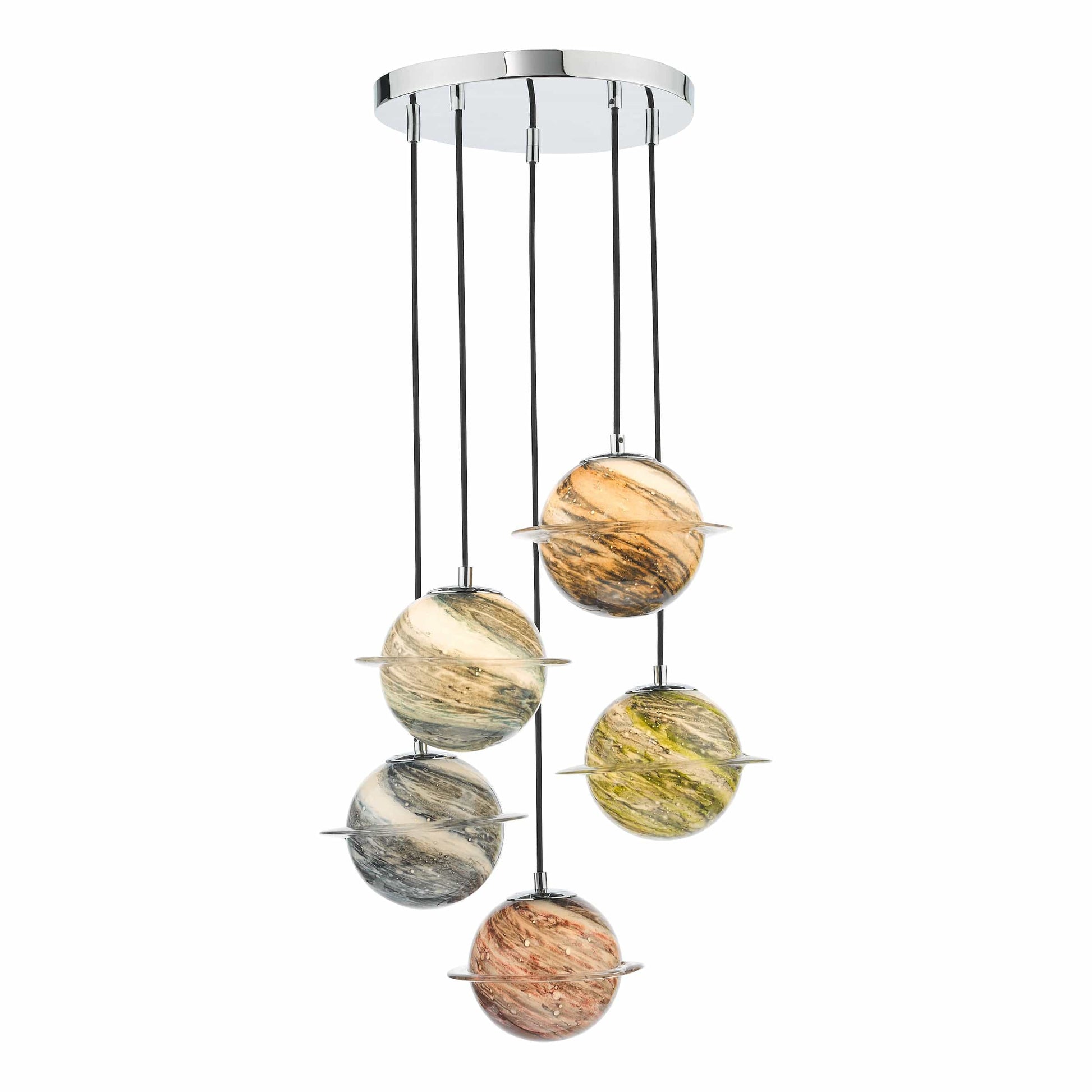 dar lighting Cygnus 5 Light Cluster Pendant Polished Chrome and Planet Style Glass CYG0555