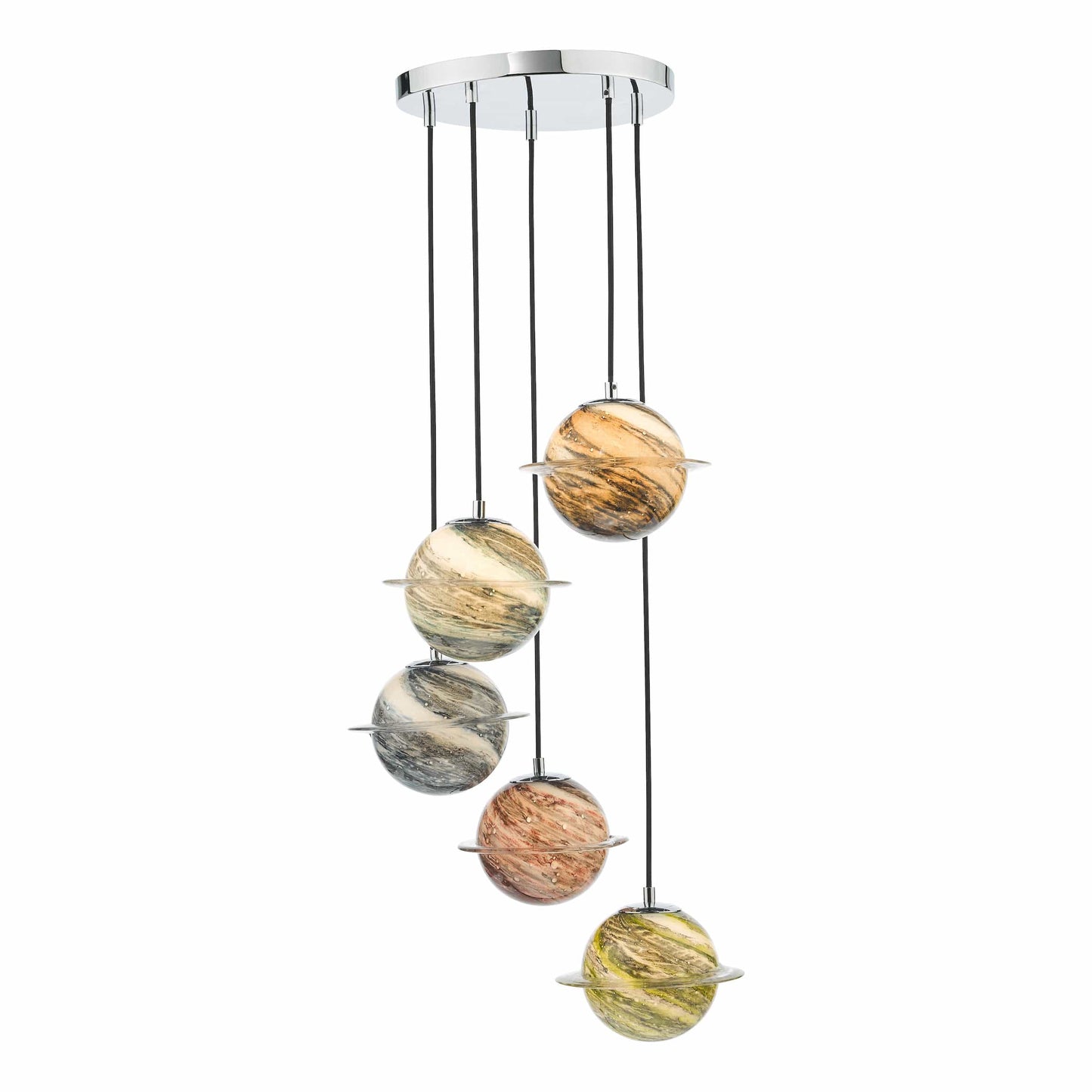 dar lighting Cygnus 5 Light Cluster Pendant Polished Chrome and Planet Style Glass CYG0555