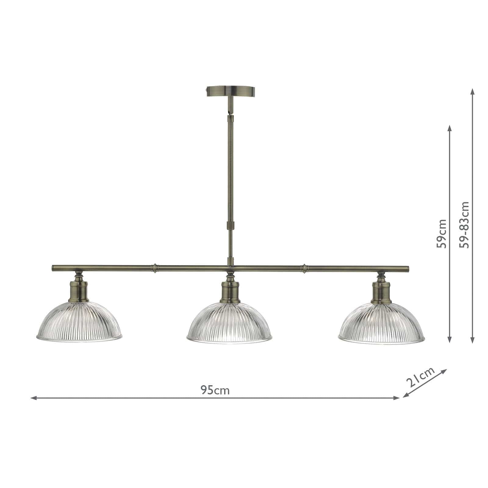 dar lighting Dara 3 Light Bar Pendant Antique Brass & Glass DAR0375