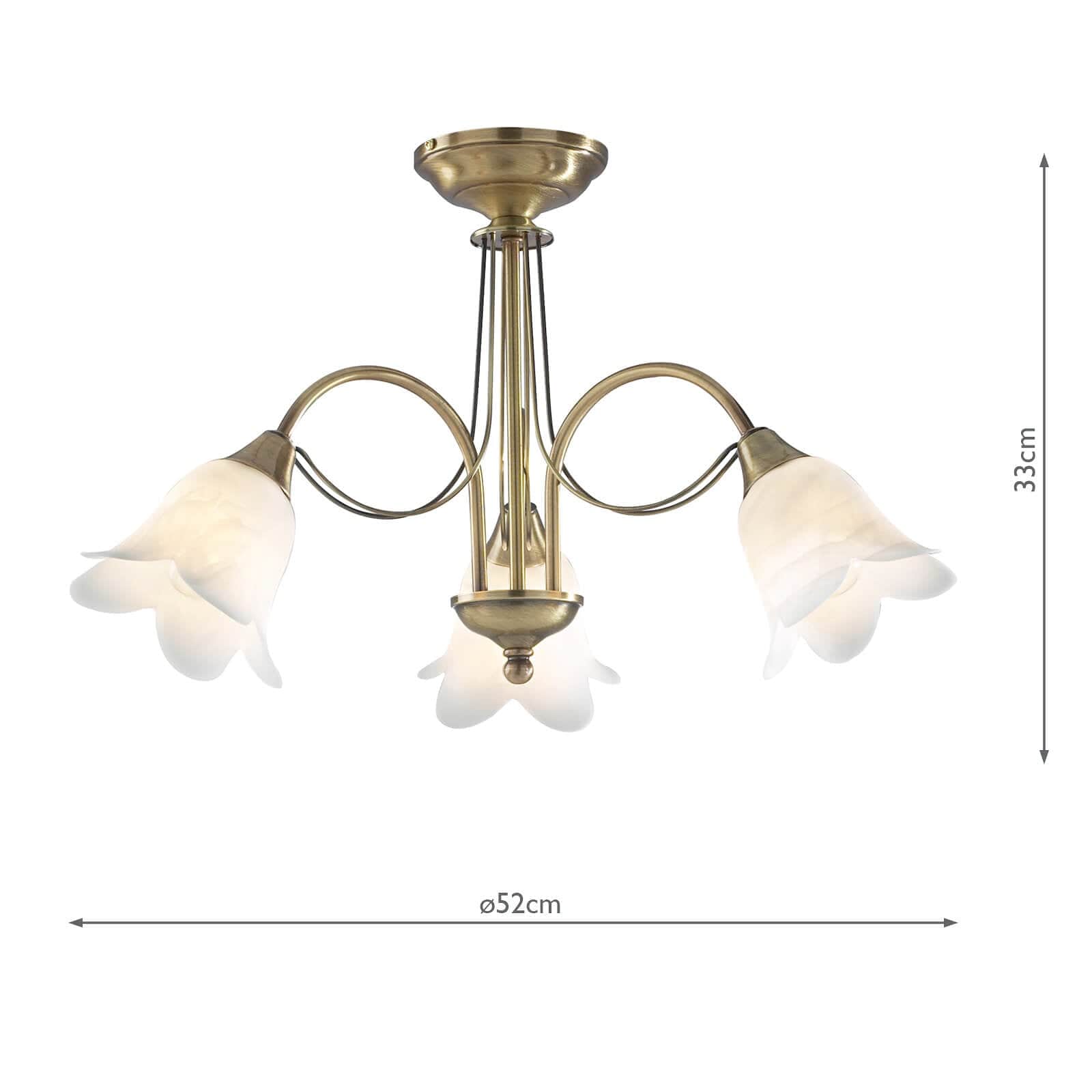 dar lighting Doublet 3 Light Semi Flush Antique Brass complete with Alabaster Glass DOU0375