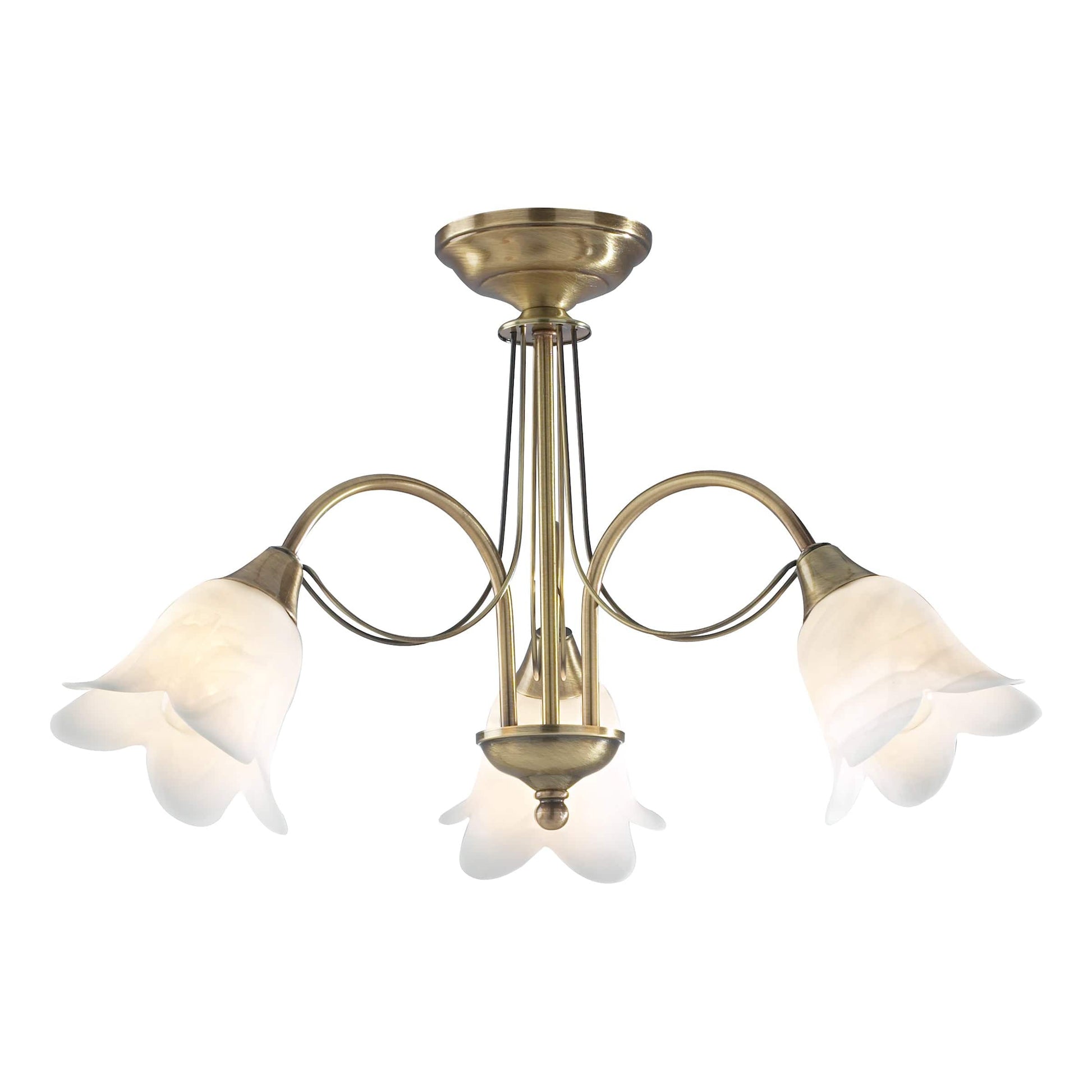 dar lighting Doublet 3 Light Semi Flush Antique Brass complete with Alabaster Glass DOU0375