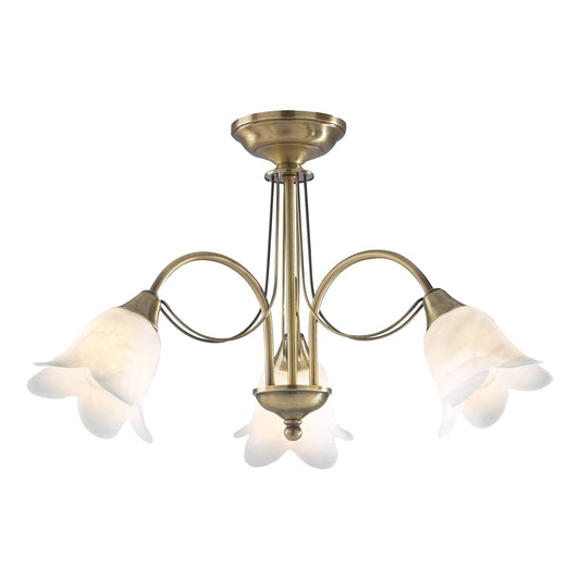 dar lighting Doublet 3 Light Semi Flush Antique Brass complete with Alabaster Glass DOU0375