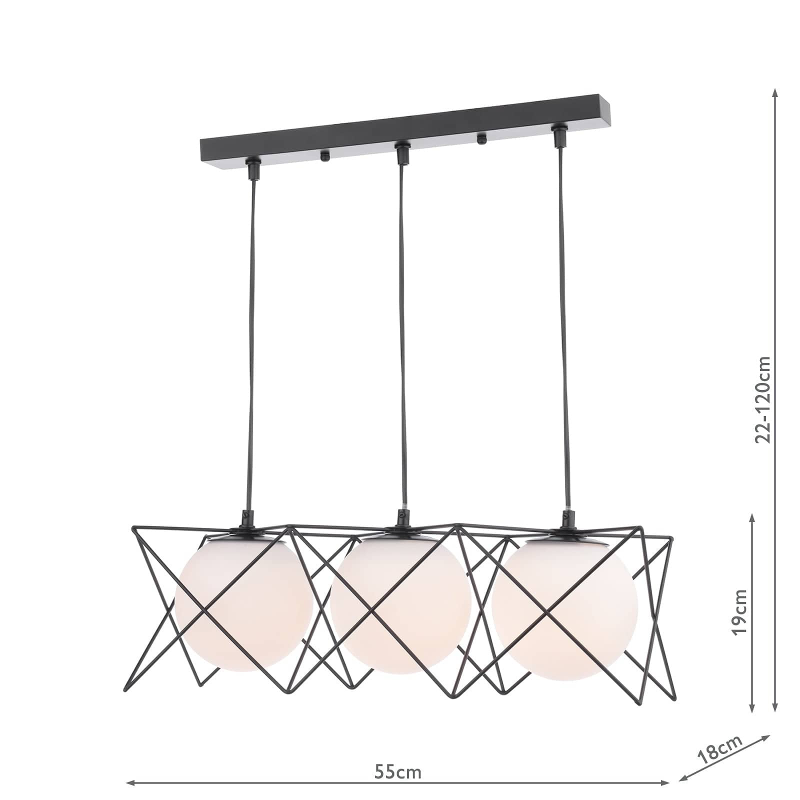 dar lighting Dreyson 3 Light Bar Pendant Matt Black and Opal Glass DRE0322