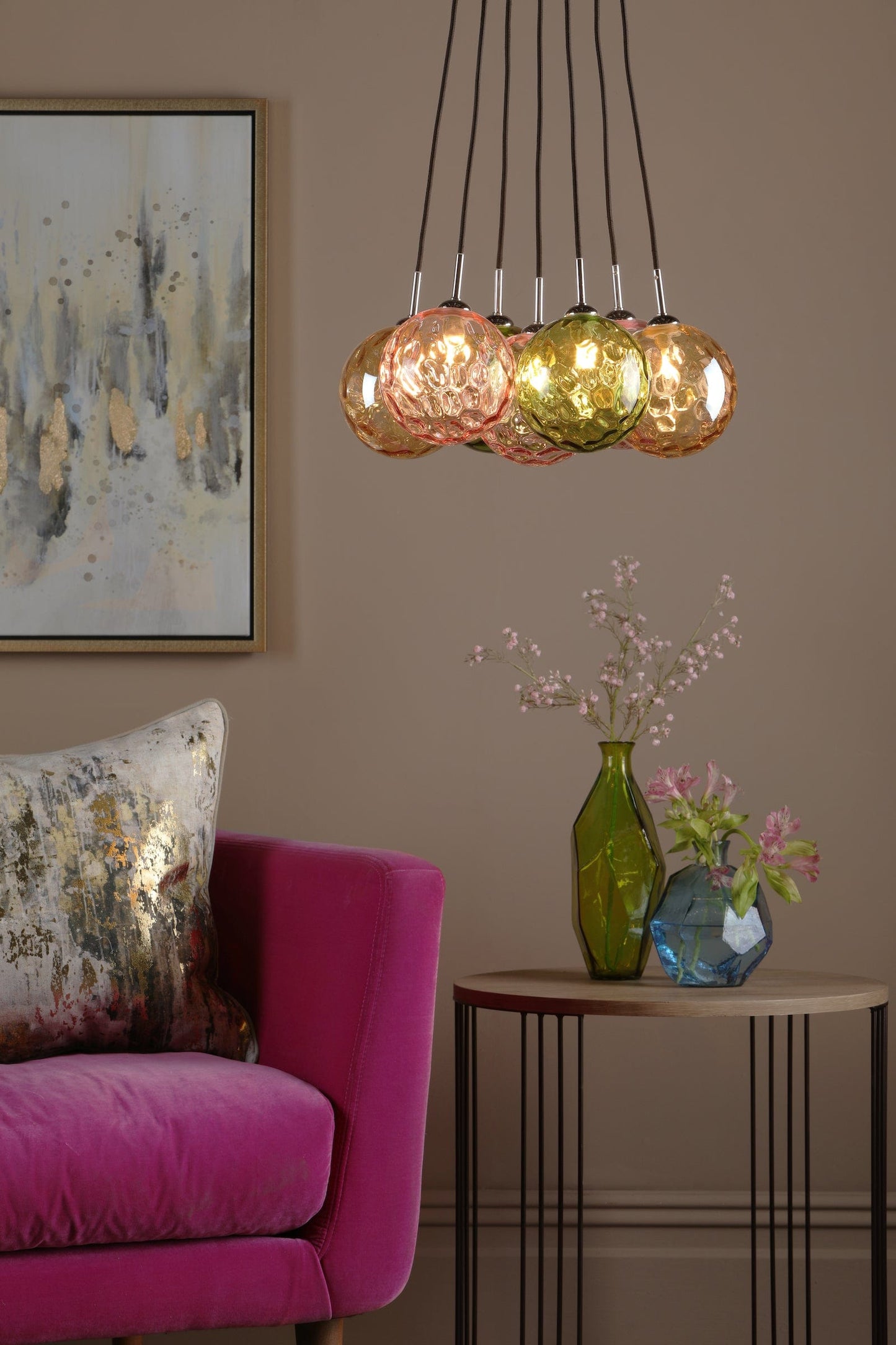 dar lighting Elpis 7 Light Cluster Pendant Polished Chrome Mixed Coloured Glass ELP342-MIX