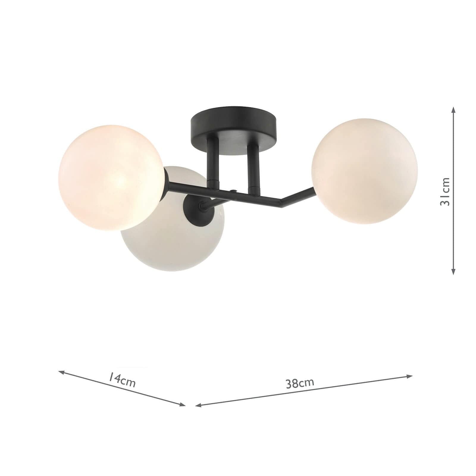 dar lighting Euan 3 Light Wall/Flush Light Black & Opal Glass EUA3022