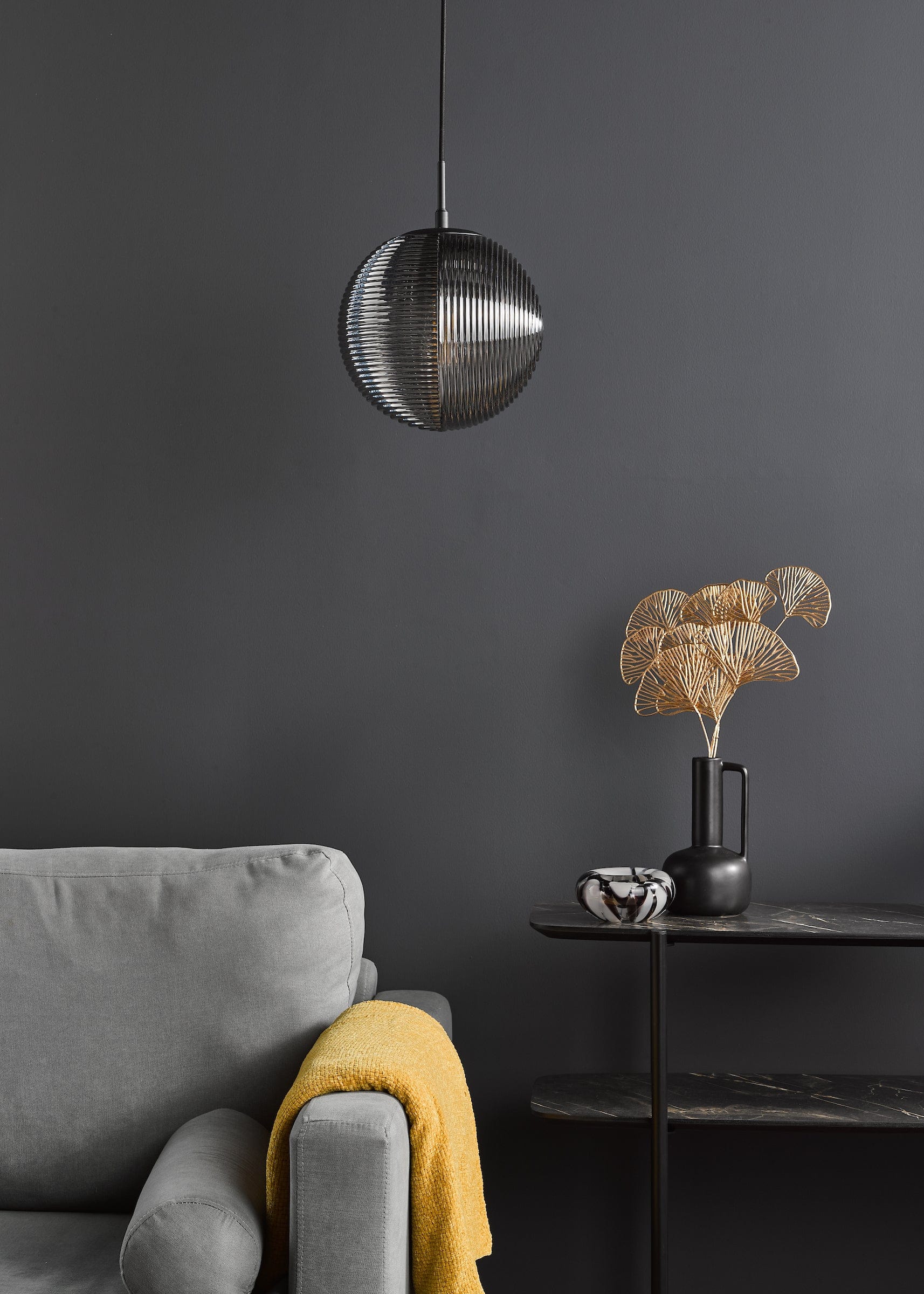 dar lighting Evander Single Pendant Matt Black and Smoked Glass EVA0122