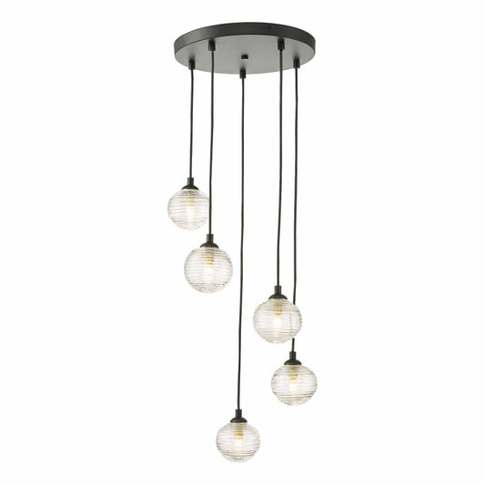 dar lighting Federico 5 Light Cluster Pendant Black Clear Ribbed Glass FED0522-08