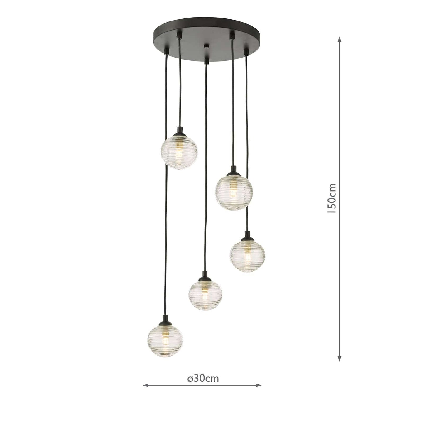 dar lighting Federico 5 Light Cluster Pendant Black Clear Ribbed Glass FED0522-08