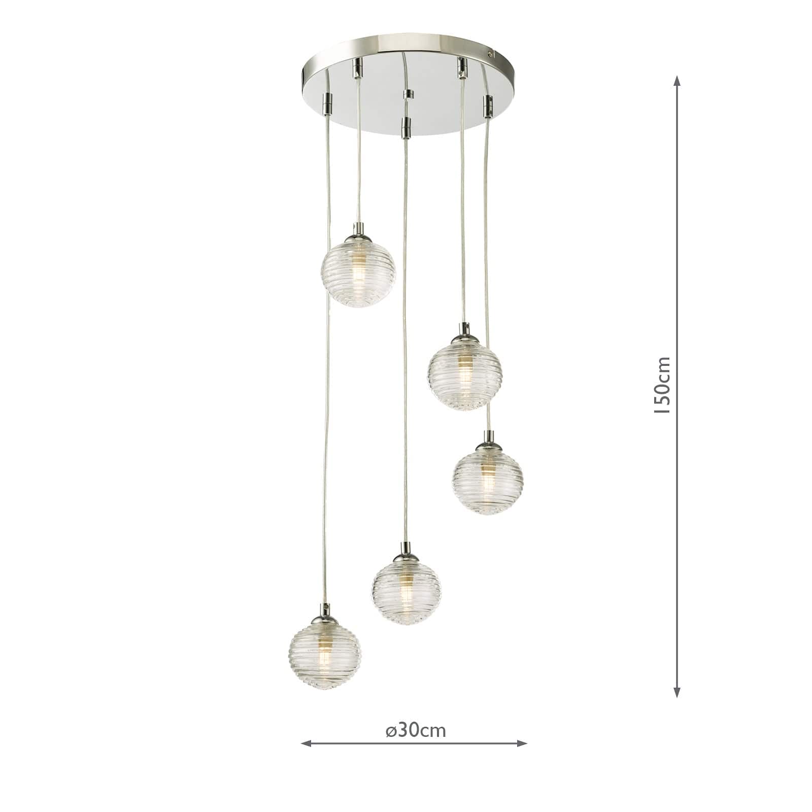 dar lighting Federico 5 Light Cluster Pendant Polished Chrome Clear Ribbed Glass FED0550-08