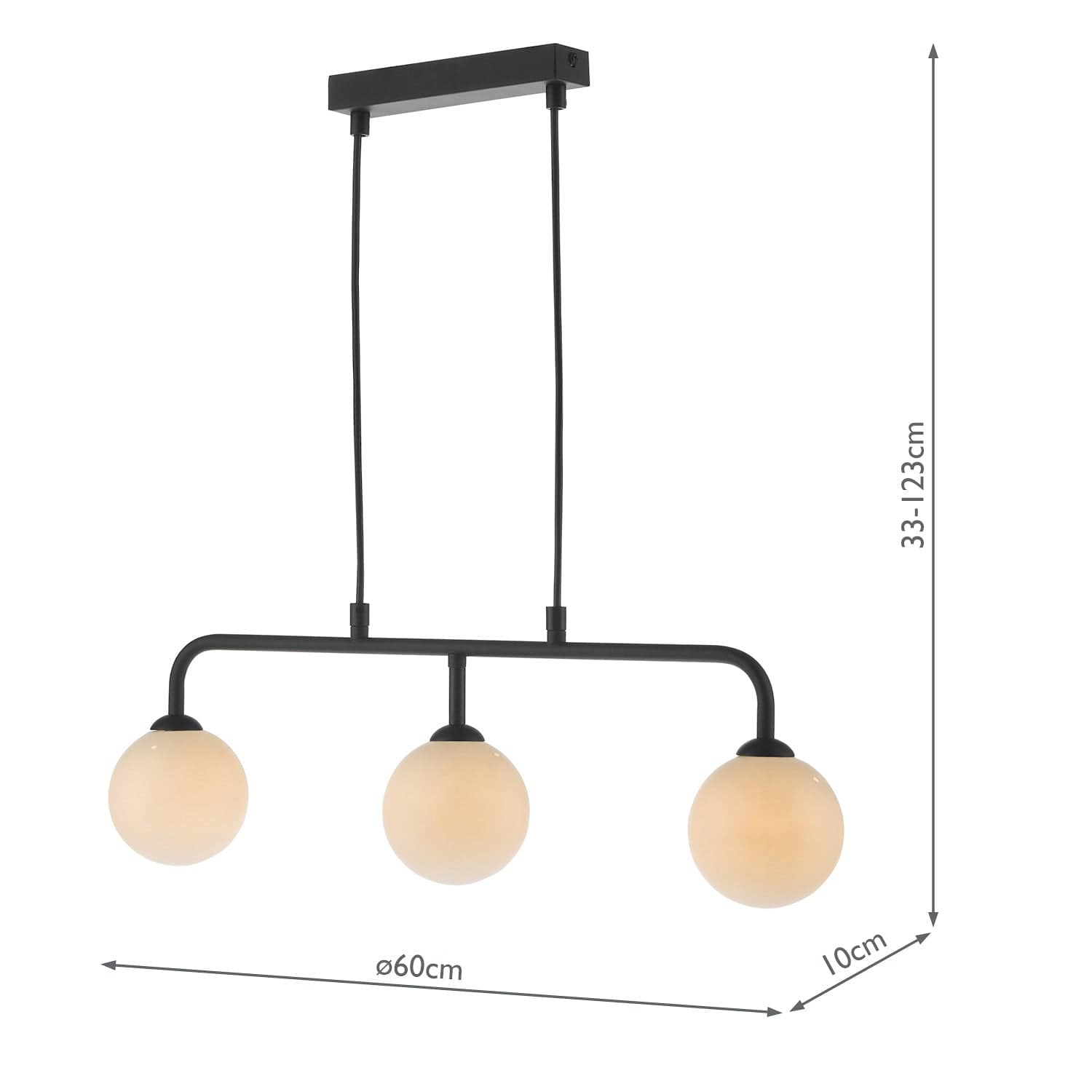 dar lighting Feya 3 Light Bar Pendant Matt Black Opal Glass FEY6222-02