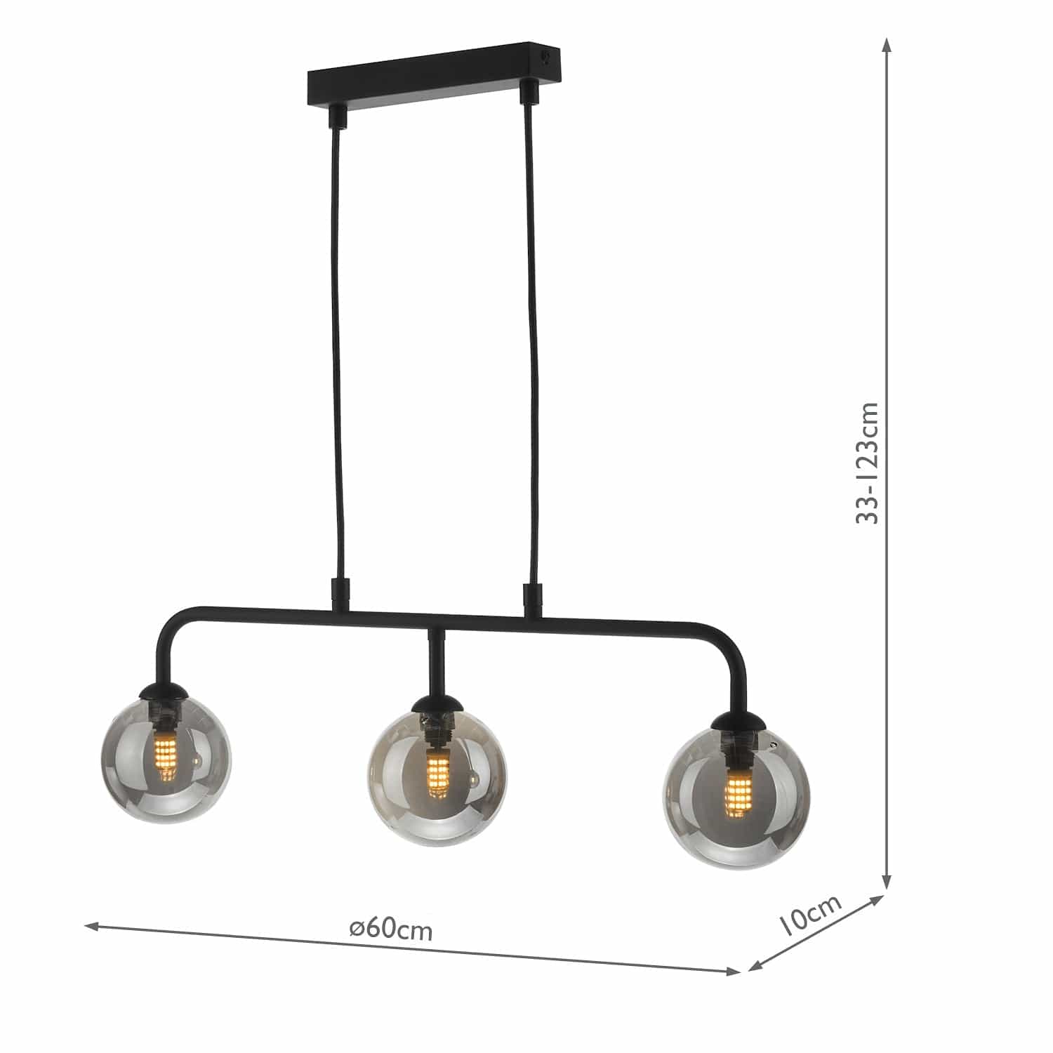 dar lighting Feya 3 Light Bar Pendant Matt Black Smoked Glass FEY6222-01