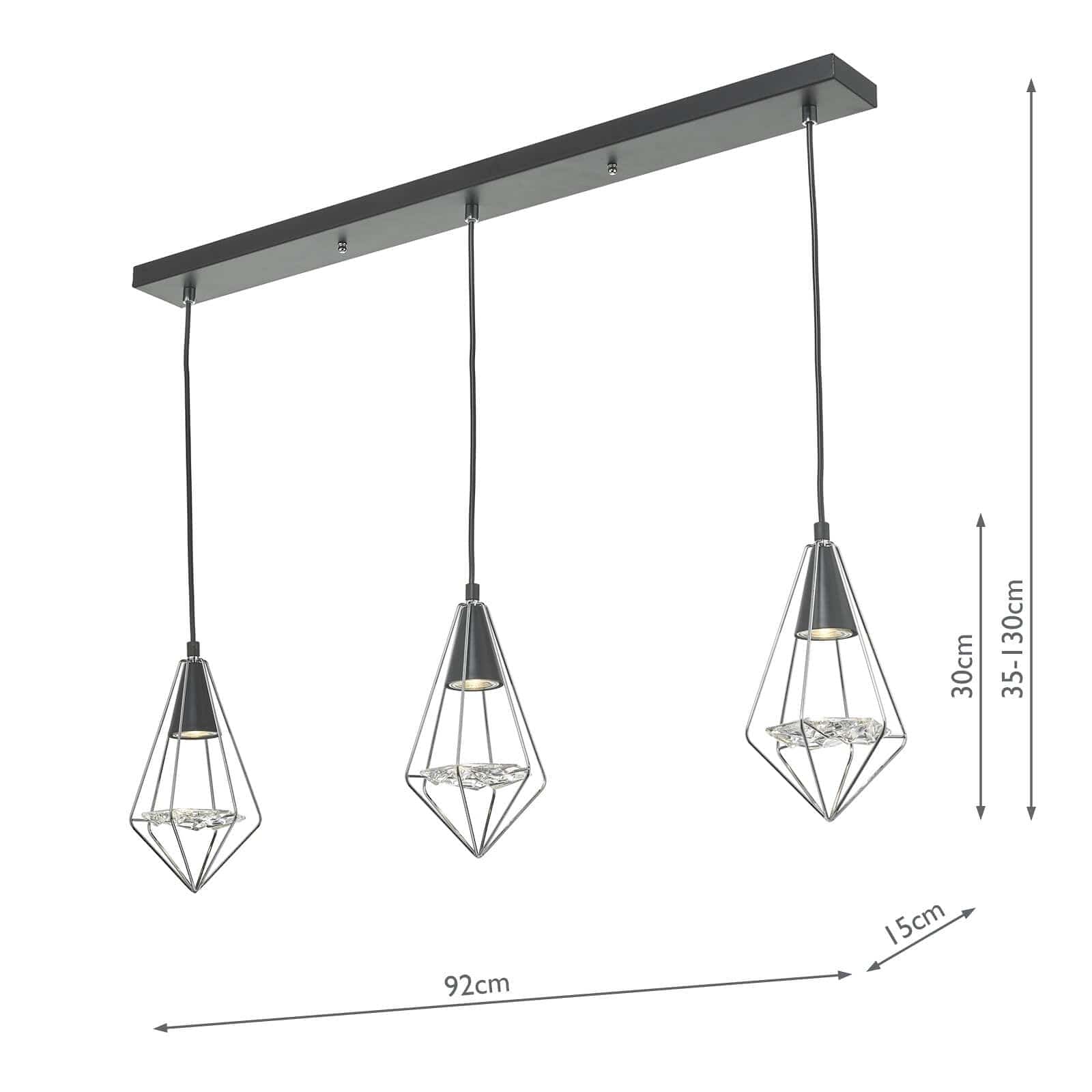 dar lighting Gianni 3 Light Pendant Black, Polished Chrome & Glass GIA0350