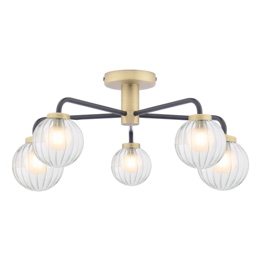 dar lighting Gibbs 5 Light Semi-Flush Antique Brass & Glass GIB5454