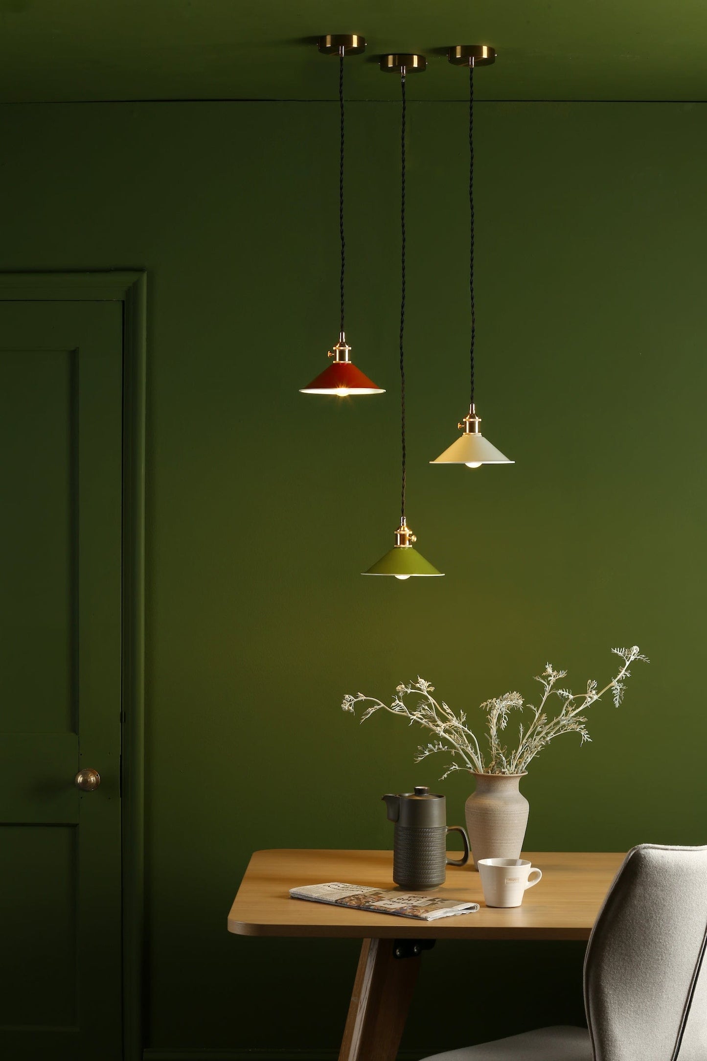 dar lighting Hadano 1 Light Pendant Natural Brass With Olive Green Shade HAD0140-07