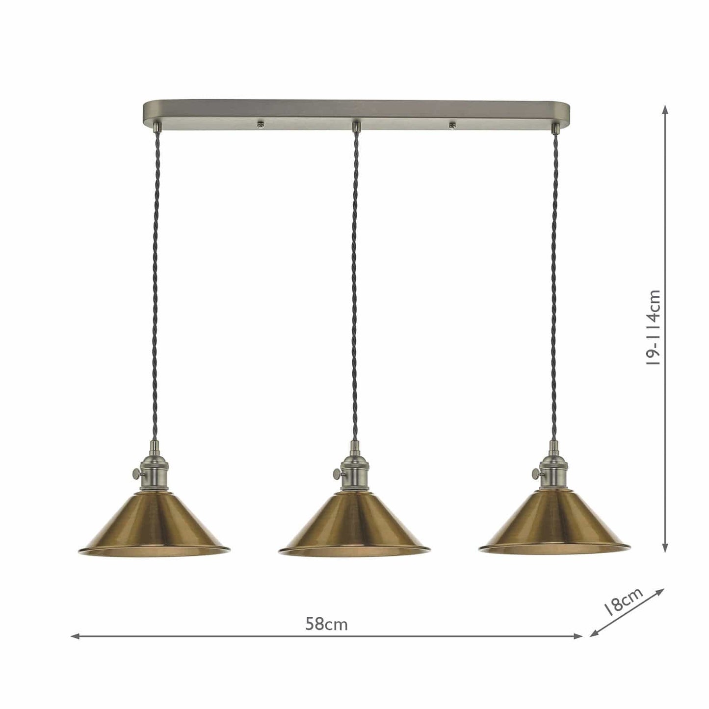 dar lighting Hadano 3 Light Antique Chrome Suspension With Aged Brass Shades HAD3661-01