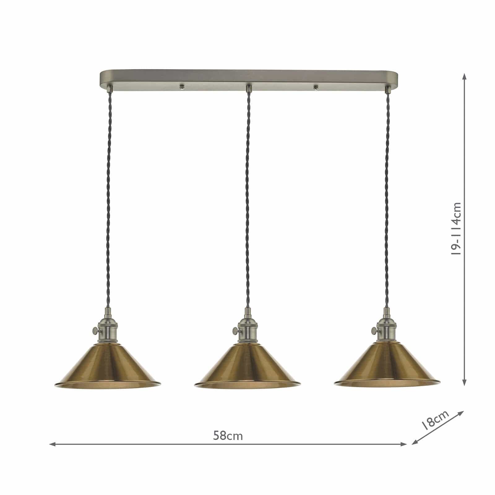 dar lighting Hadano 3 Light Antique Chrome Suspension With Aged Brass Shades HAD3661-01