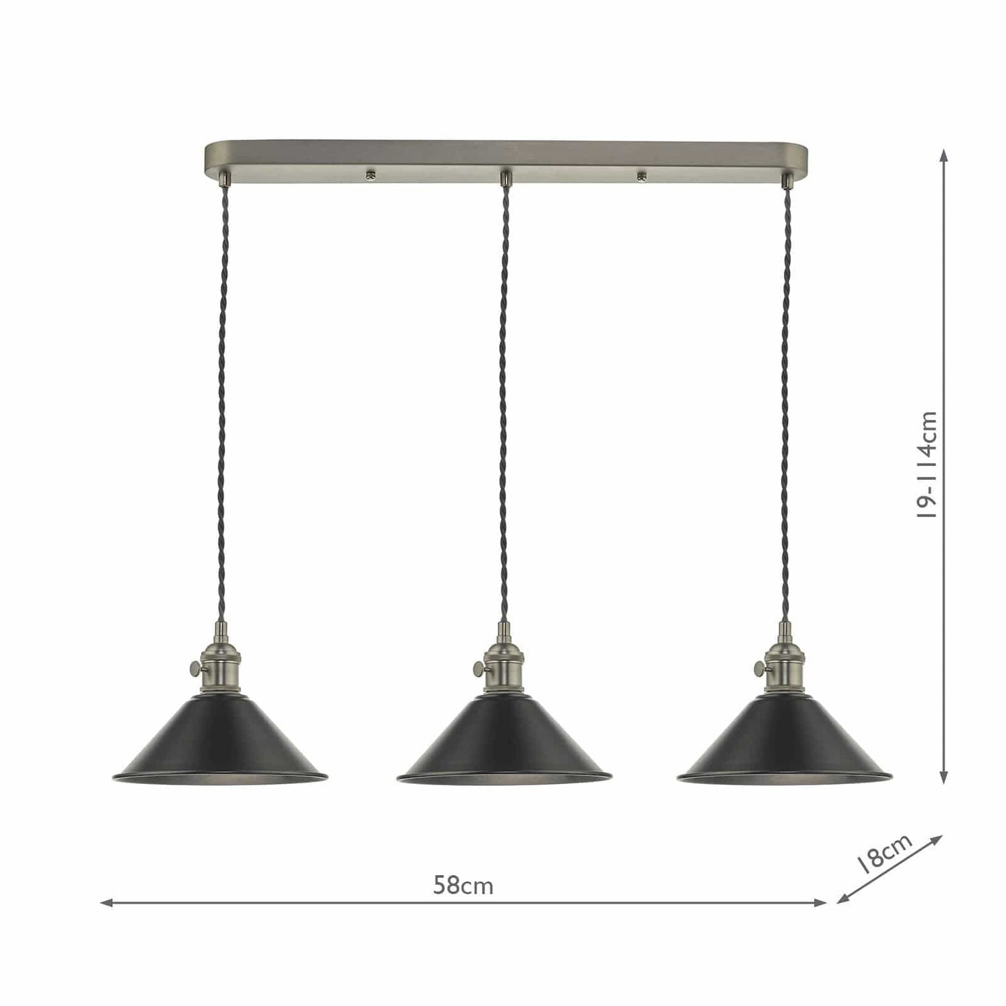 dar lighting Hadano 3 Light Antique Chrome Suspension With Antique Petwer Shades HAD3661-02