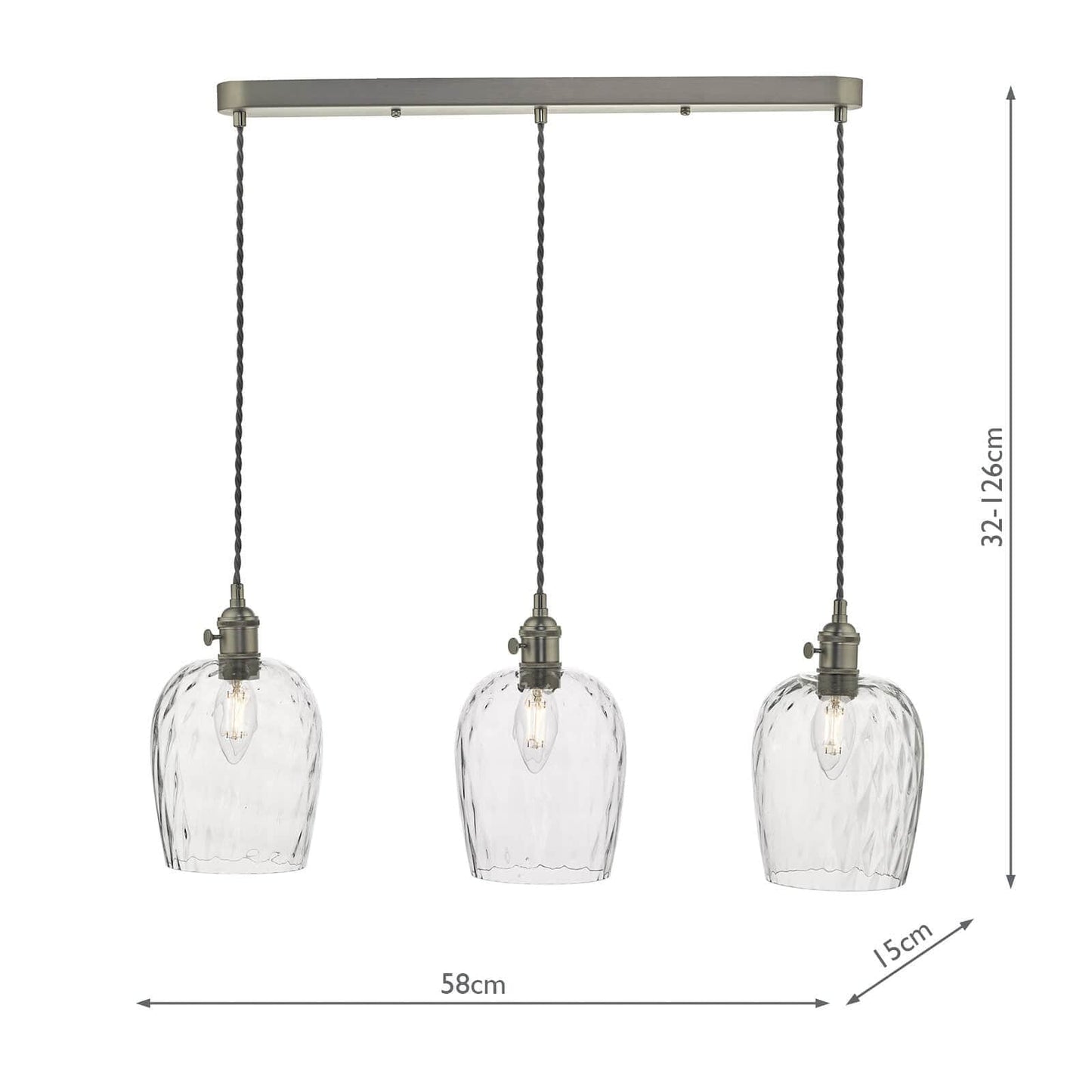 dar lighting Hadano 3 Light Antique Chrome Suspension With Dimpled Glass Shades HAD3661-03