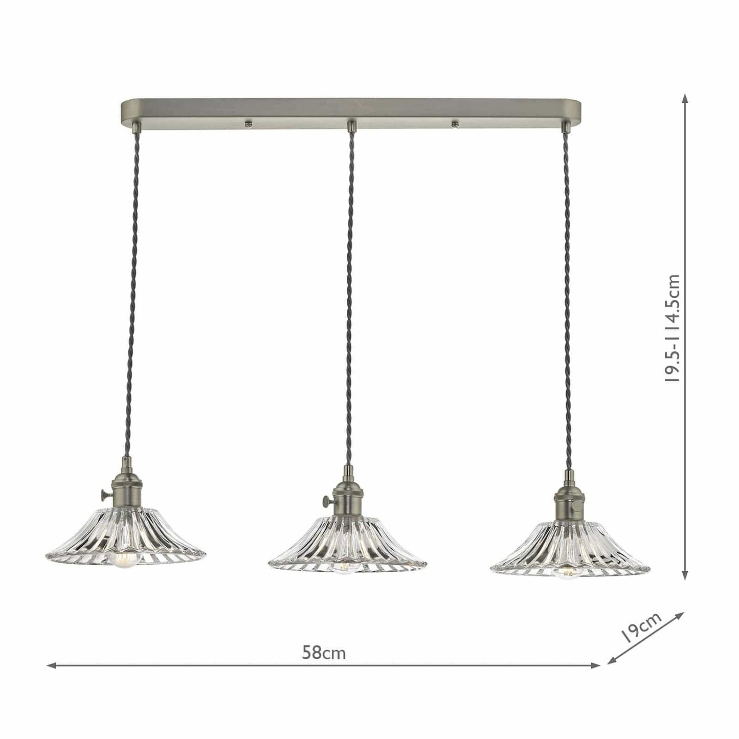 dar lighting Hadano 3 Light Antique Chrome Suspension With Flared Glass Shades HAD3661-04