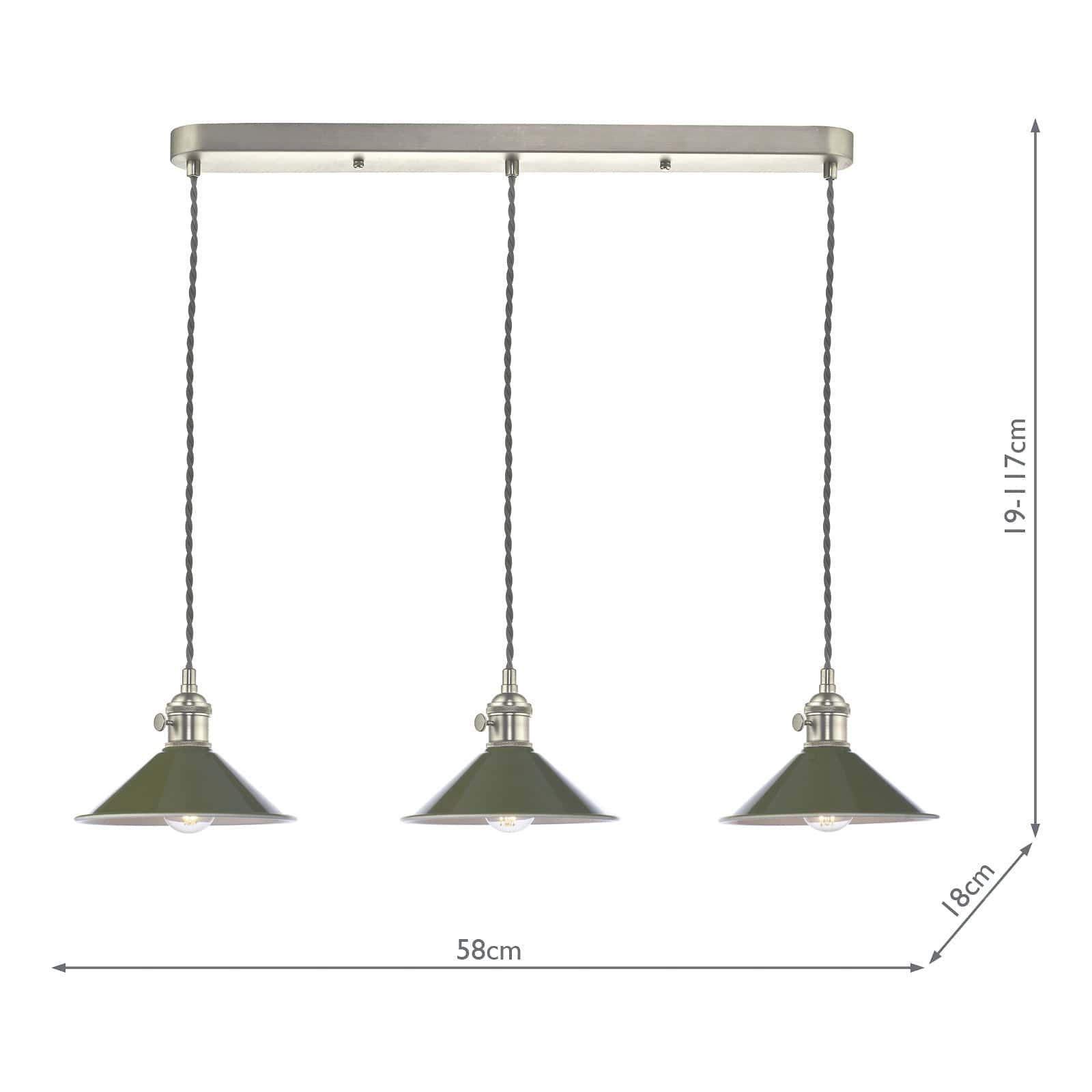 dar lighting Hadano 3 Light Antique Chrome Suspension With Olive Green Shades HAD3661-07