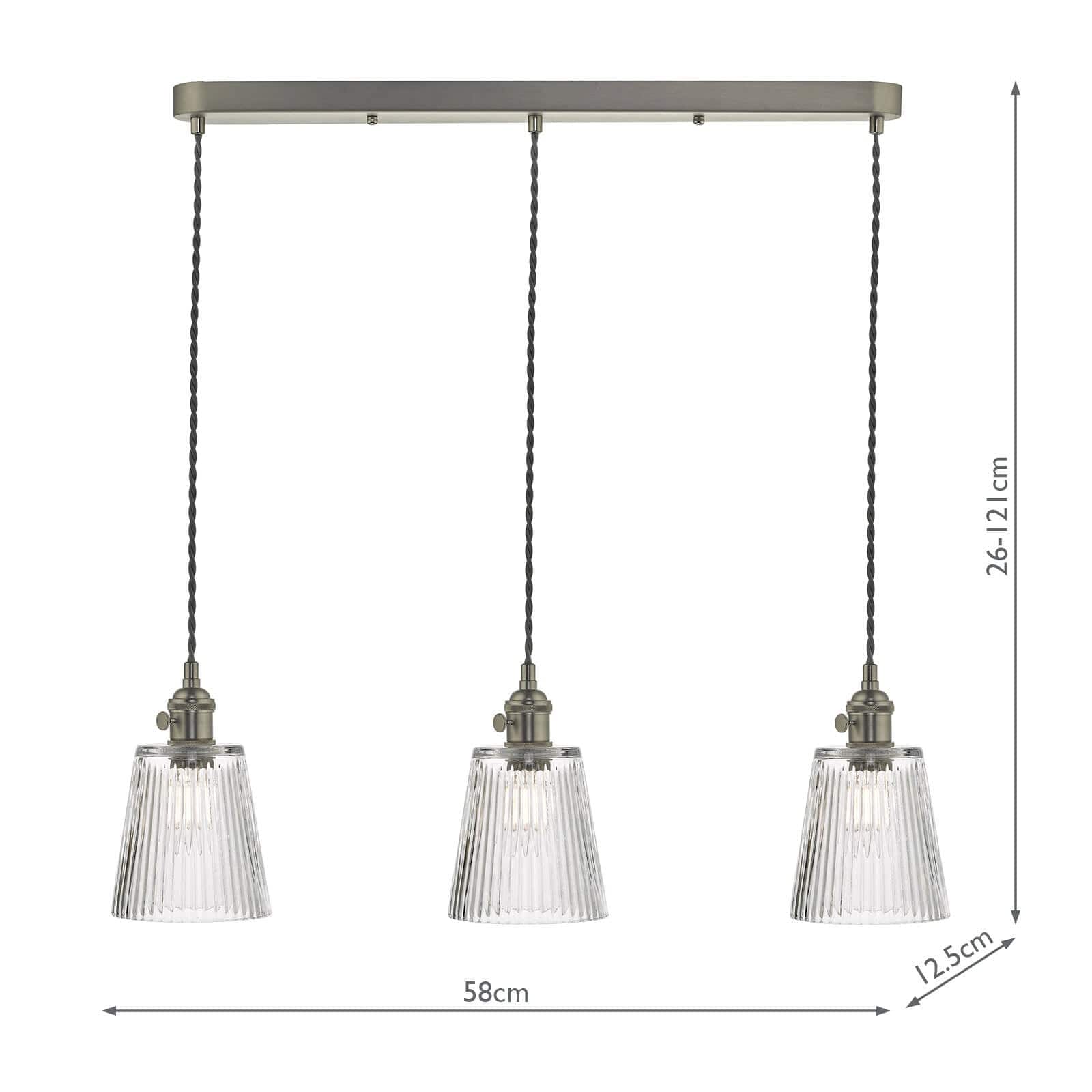 dar lighting Hadano 3 Light Antique Chrome Suspension With Ribbed Glass Shades HAD3661-05