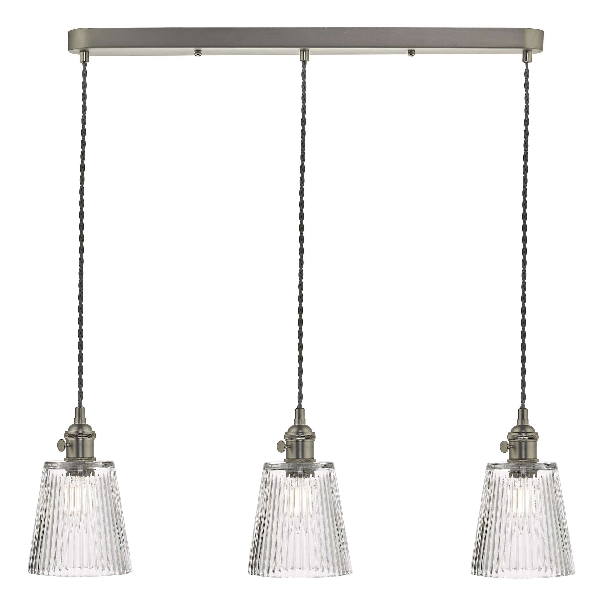 dar lighting Hadano 3 Light Antique Chrome Suspension With Ribbed Glass Shades HAD3661-05