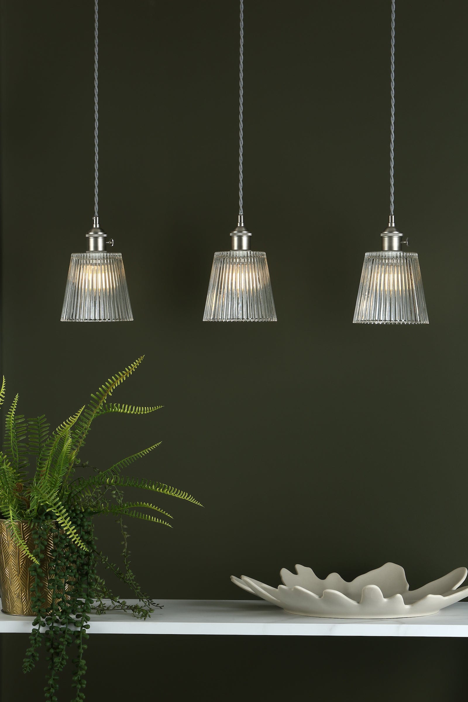 dar lighting Hadano 3 Light Antique Chrome Suspension With Ribbed Glass Shades HAD3661-05