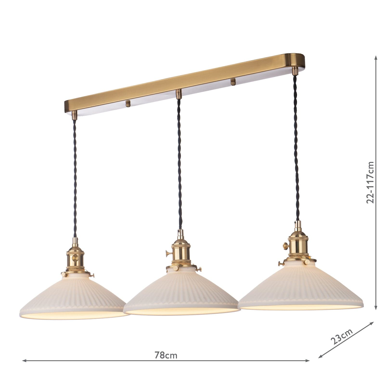 dar lighting Hadano 3 Light Bar Pendant Natural Brass & Ceramic Shallow Shade HAD3640-10