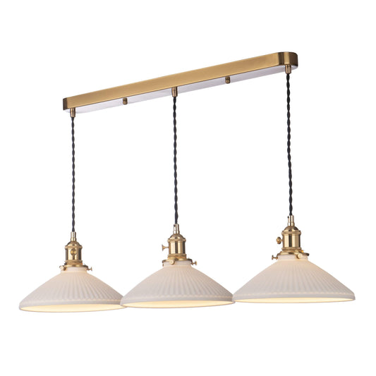 dar lighting Hadano 3 Light Bar Pendant Natural Brass & Ceramic Shallow Shade HAD3640-10