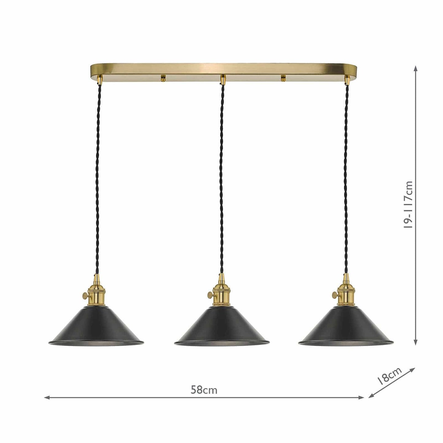 dar lighting Hadano 3 Light Brass Suspension With Antique Pewter Shades HAD3640-02