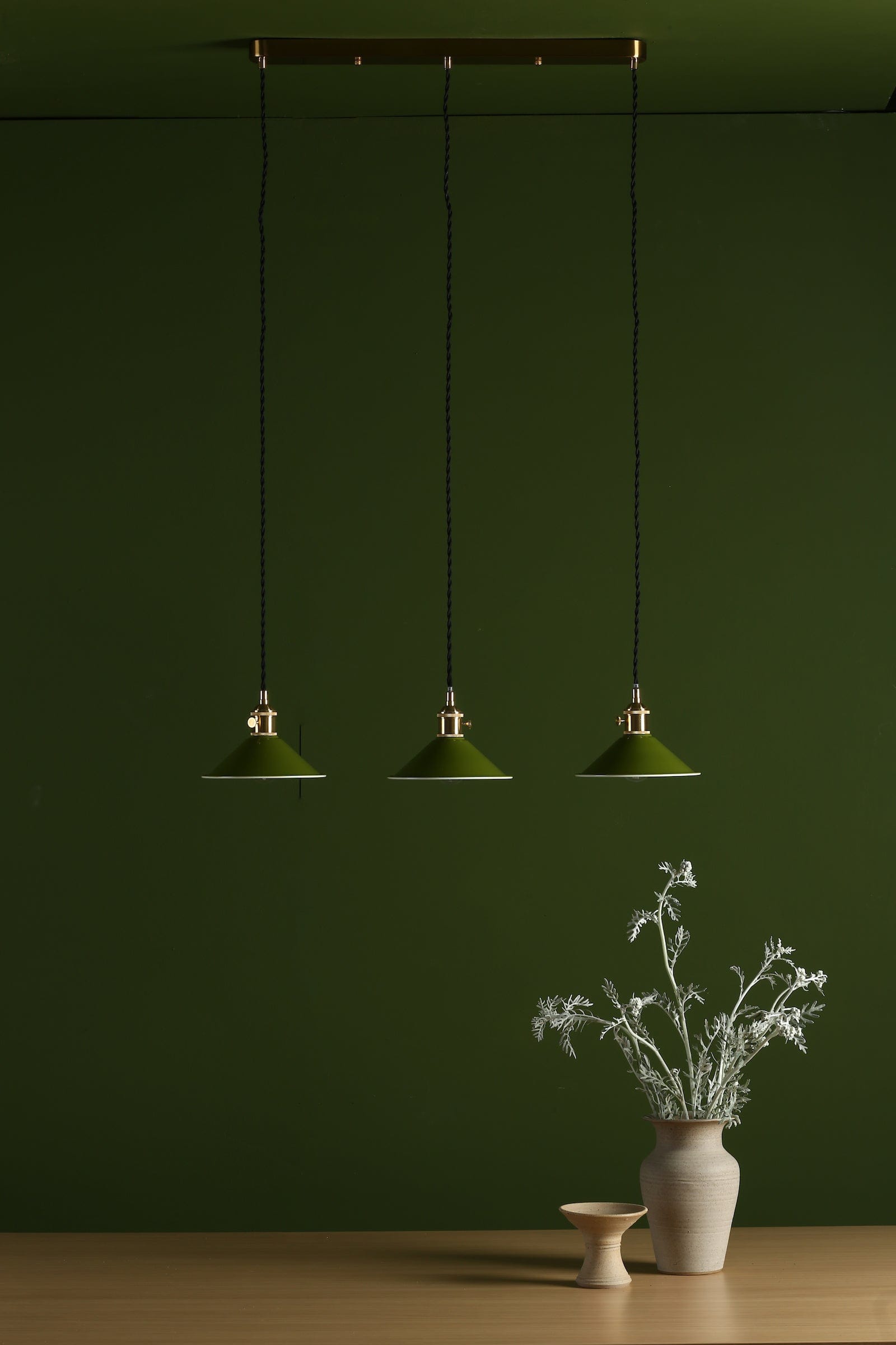 dar lighting Hadano 3 Light Brass Suspension With Olive Green Shades HAD3640-07