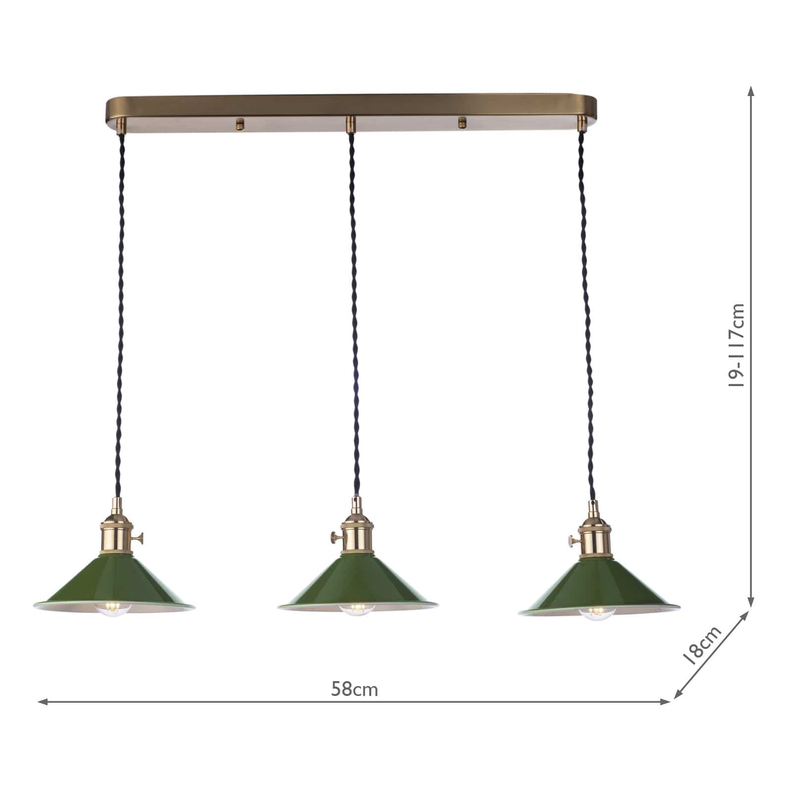 dar lighting Hadano 3 Light Brass Suspension With Olive Green Shades HAD3640-07