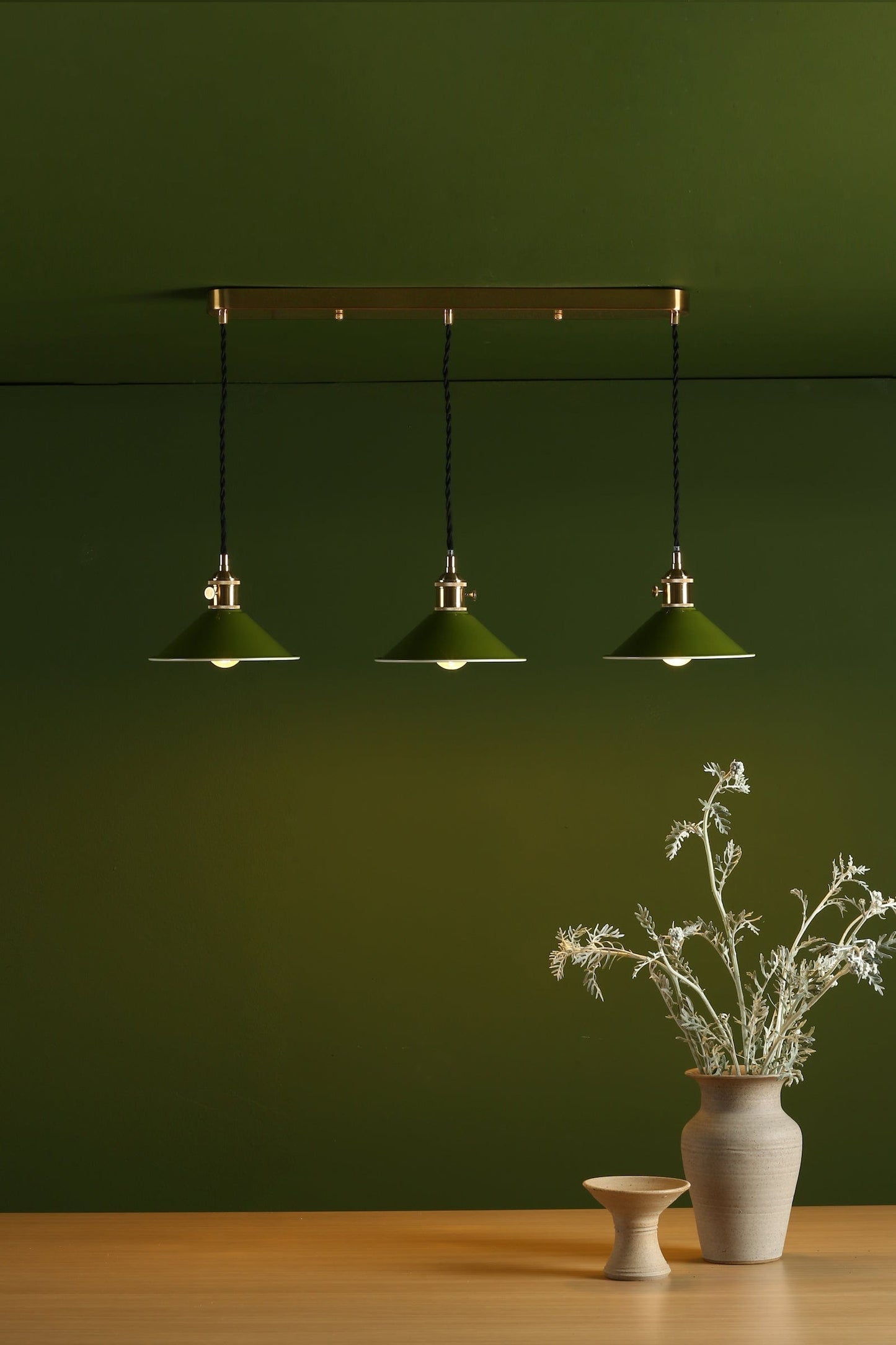 dar lighting Hadano 3 Light Brass Suspension With Olive Green Shades HAD3640-07