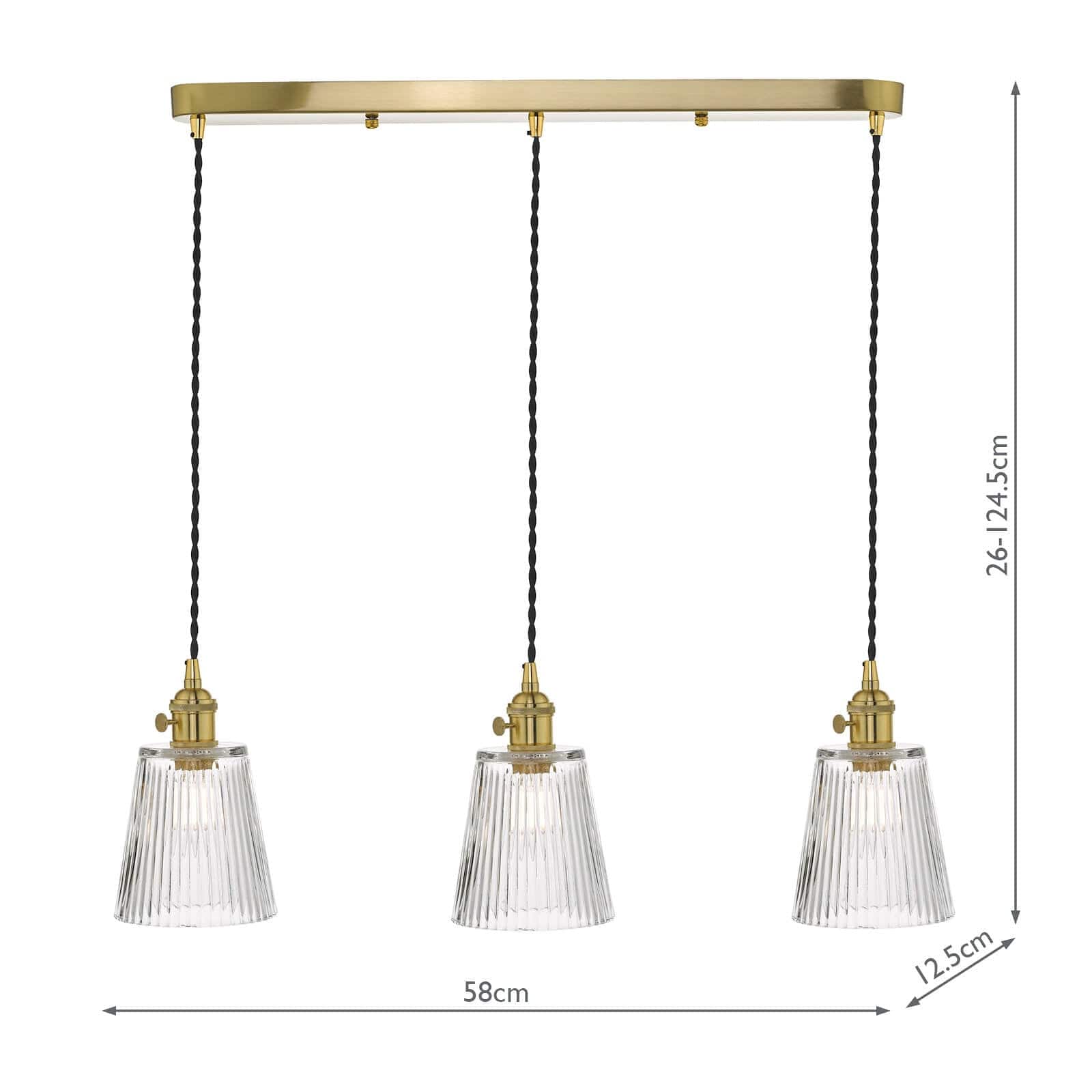 dar lighting Hadano 3 Light Brass Suspension With Ribbed Glass Shades HAD3640-05