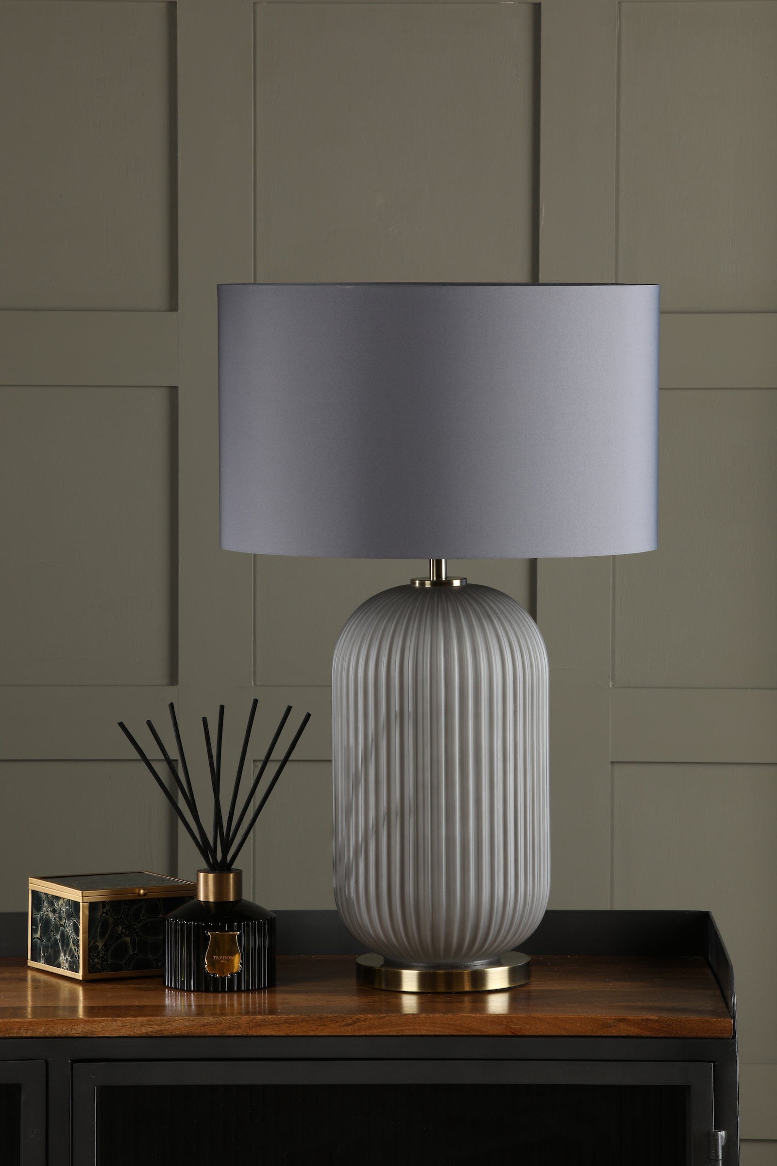 dar lighting Helicon Table Lamp Grey Ribbed Glass and Antique Brass With Shade HEL4239