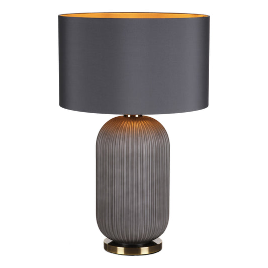 dar lighting Helicon Table Lamp Grey Ribbed Glass and Antique Brass With Shade HEL4239