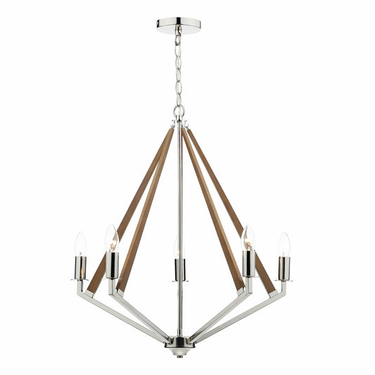 dar lighting Hotel 5 Light Pendant Polished Nickel Wood HOT0538