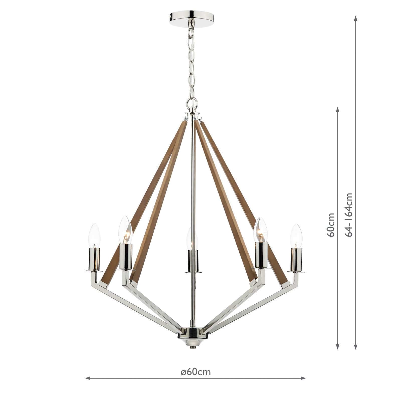 dar lighting Hotel 5 Light Pendant Polished Nickel Wood HOT0538