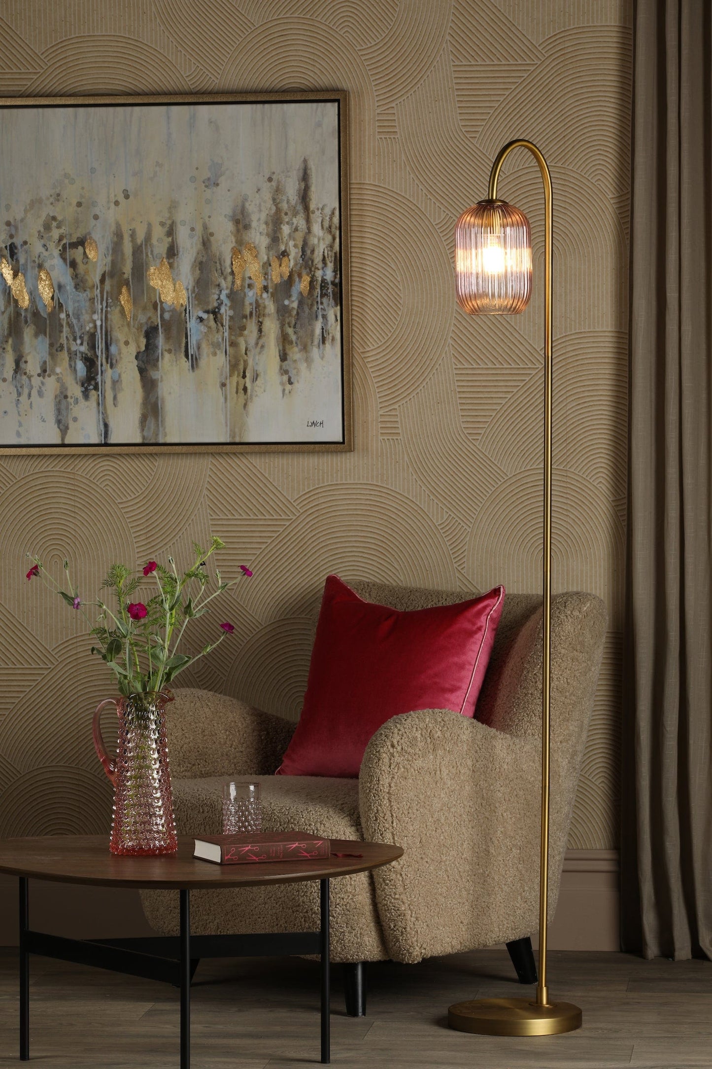 dar lighting Idra Floor Lamp Aged Bronze and Pink Ribbed Glass IDR4963-SAW6503