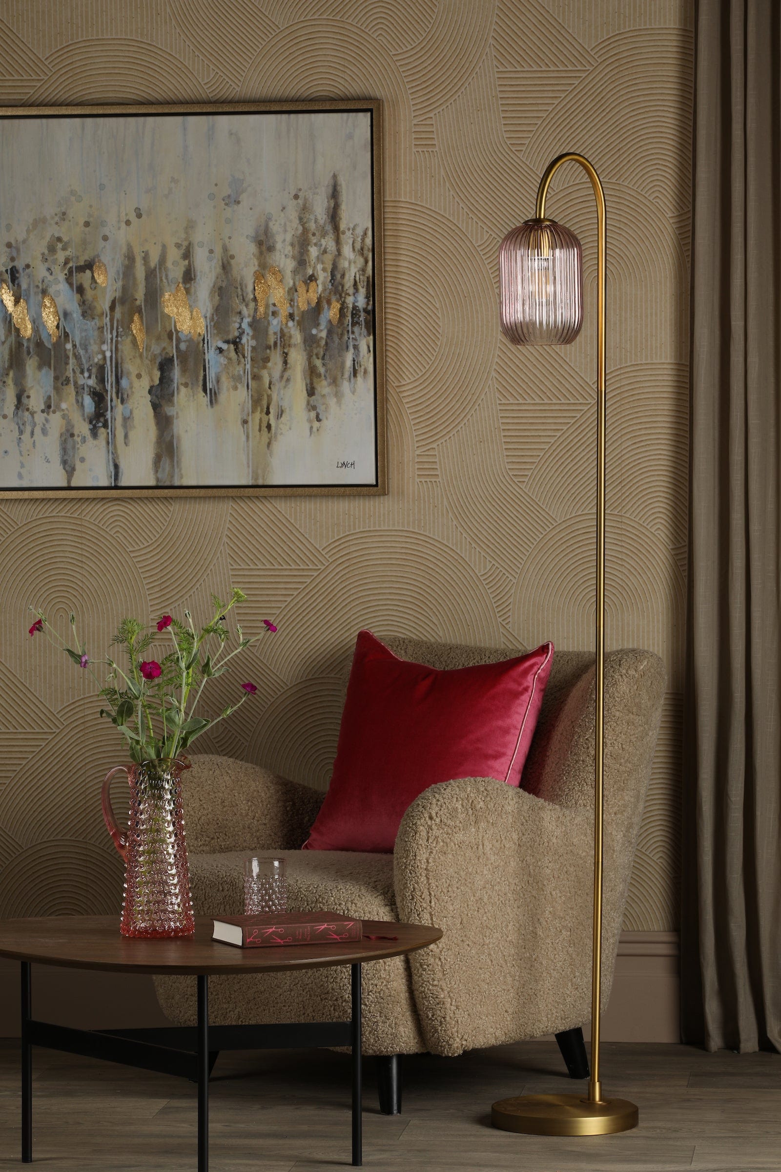 dar lighting Idra Floor Lamp Aged Bronze and Pink Ribbed Glass IDR4963-SAW6503