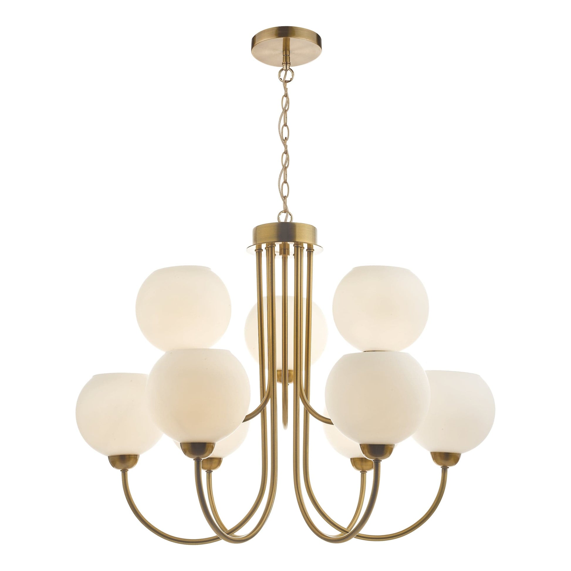 dar lighting Indra Opal Glass Globe 9 Light Pendant Natural Brass IND1335