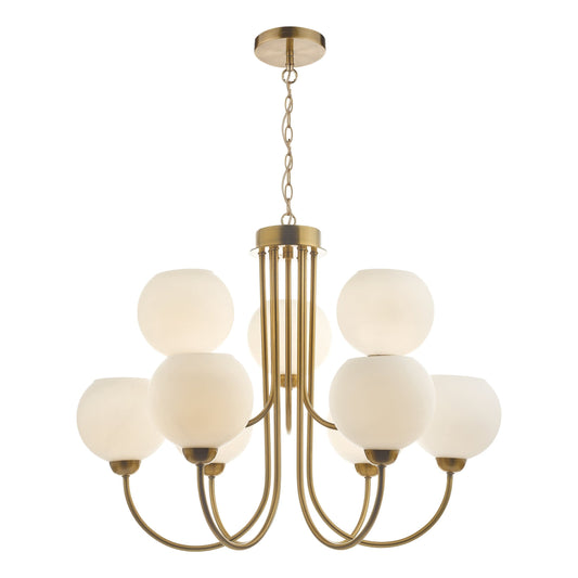 dar lighting Indra Opal Glass Globe 9 Light Pendant Natural Brass IND1335