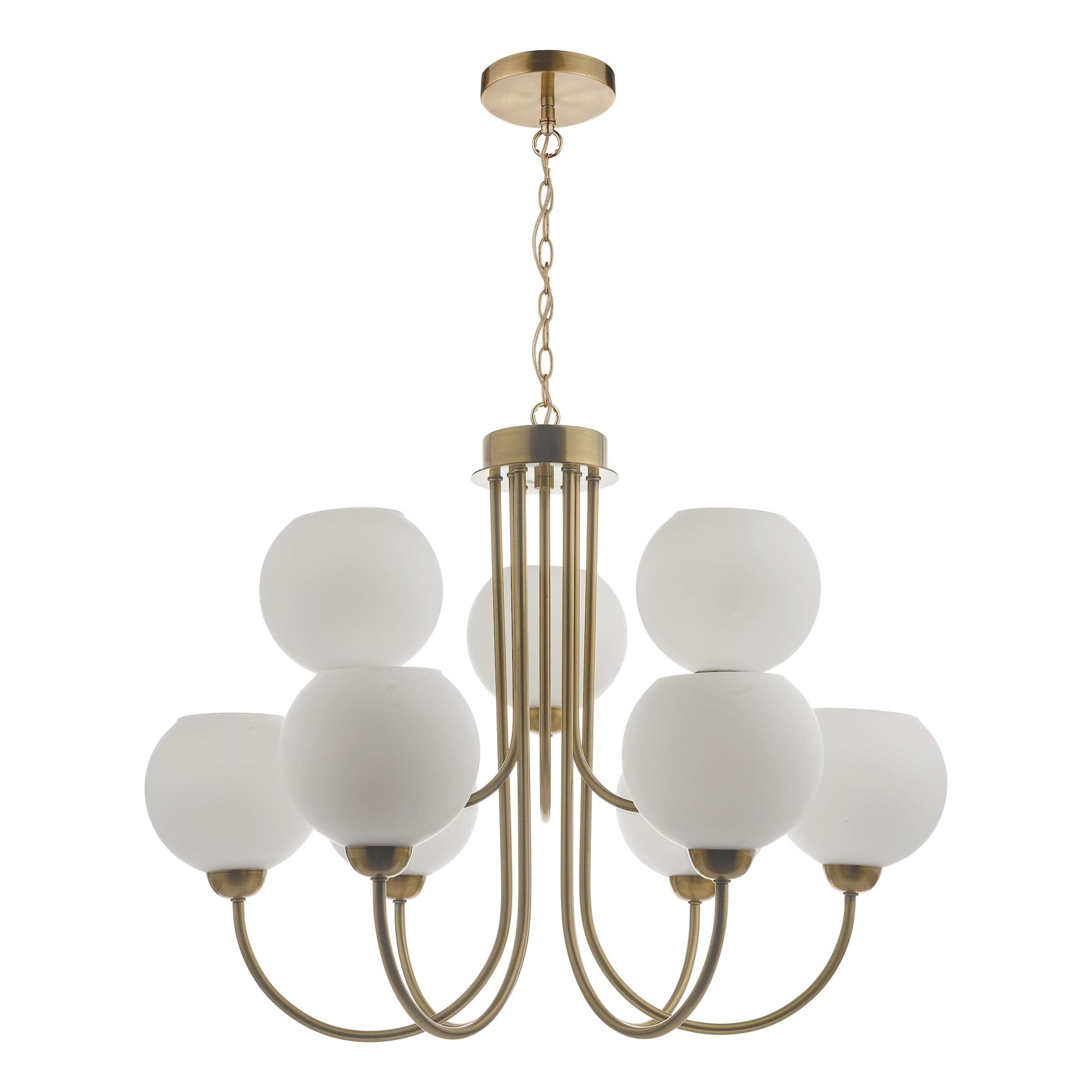 dar lighting Indra Opal Glass Globe 9 Light Pendant Natural Brass IND1335