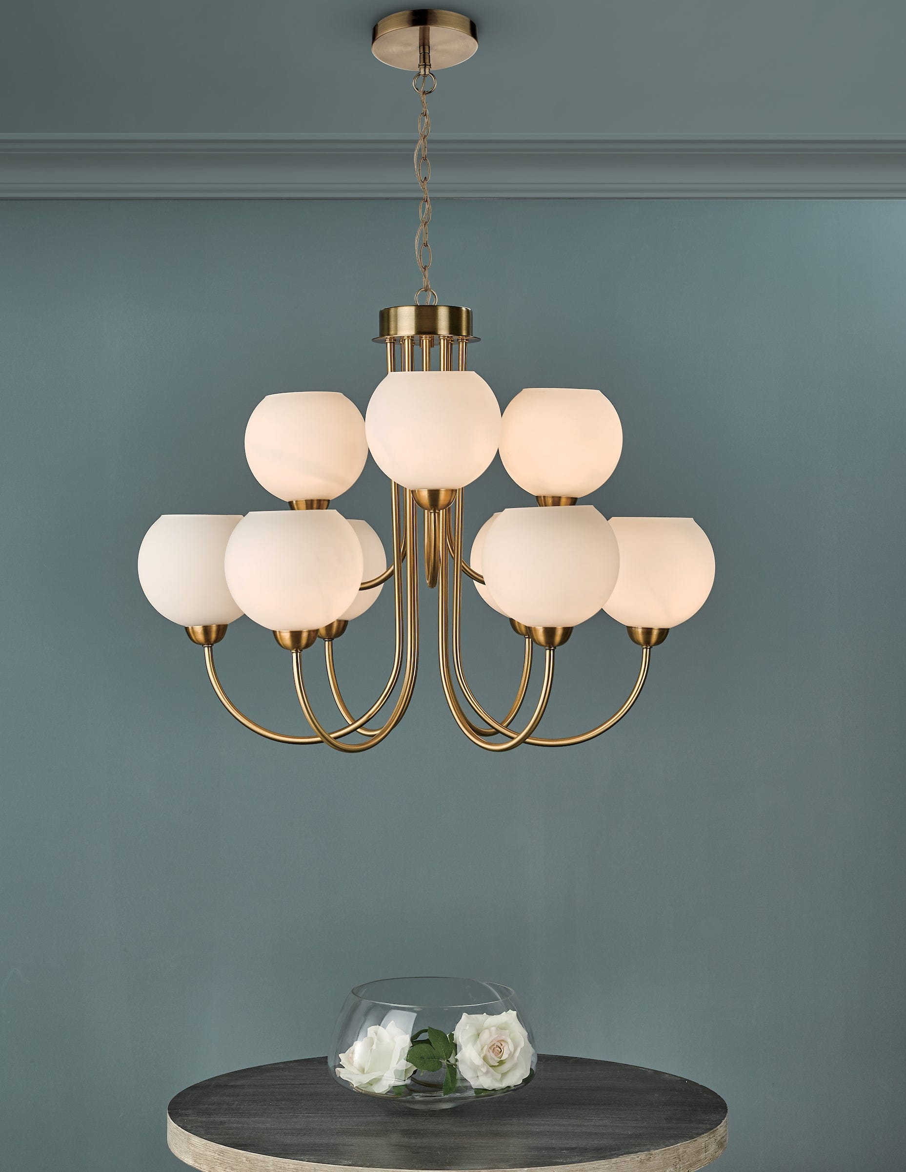 dar lighting Indra Opal Glass Globe 9 Light Pendant Natural Brass IND1335