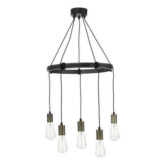 dar lighting Ivan 5 Light Pendant Rustic Wood Aged Brass Detail IVA0531