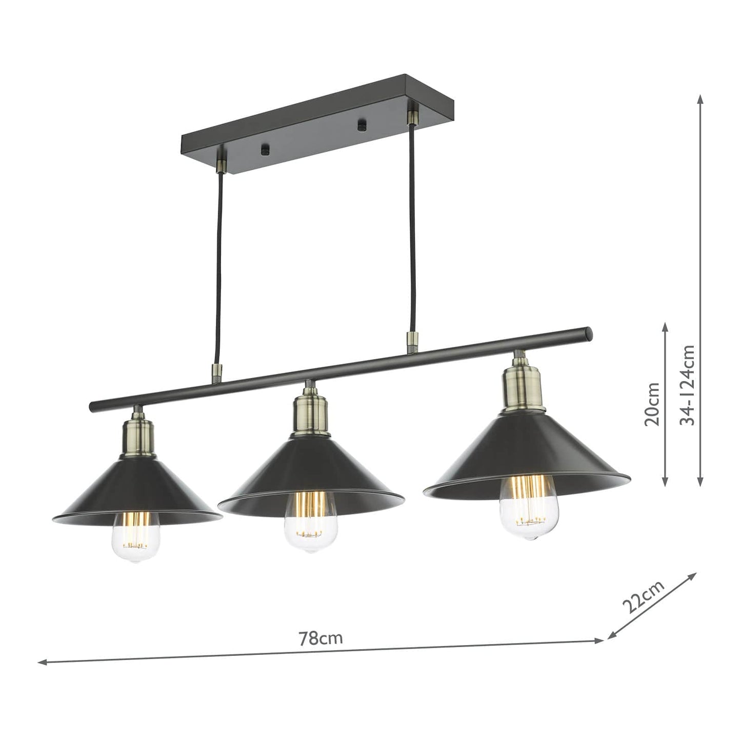 dar lighting Jalen 3 Light Bar Pendant Graphite Antique Brass JAL0361