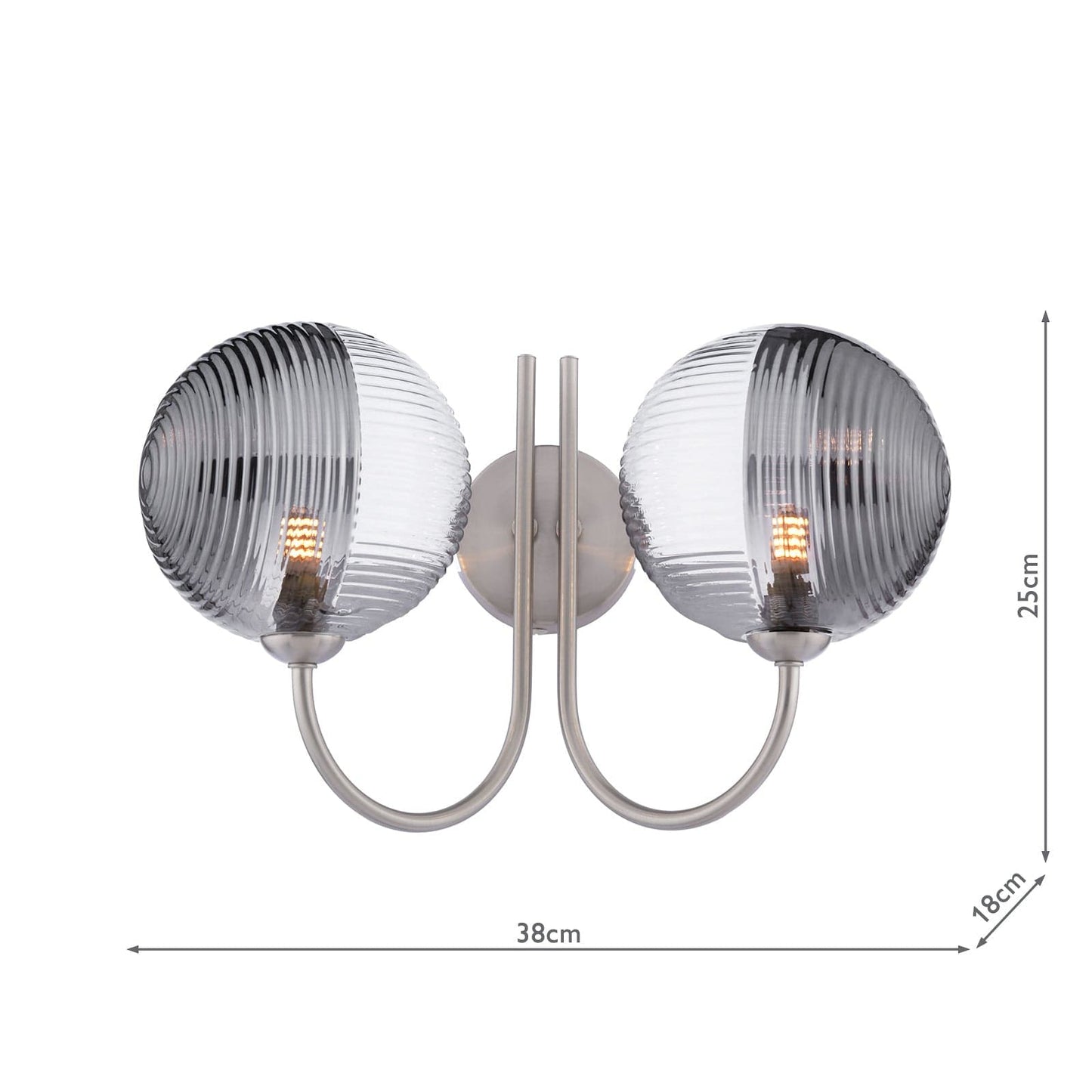 dar lighting Jared 2 Light Wall Light Satin Nickel & Smoked/Clear Ribbed Glass JAR0938-19