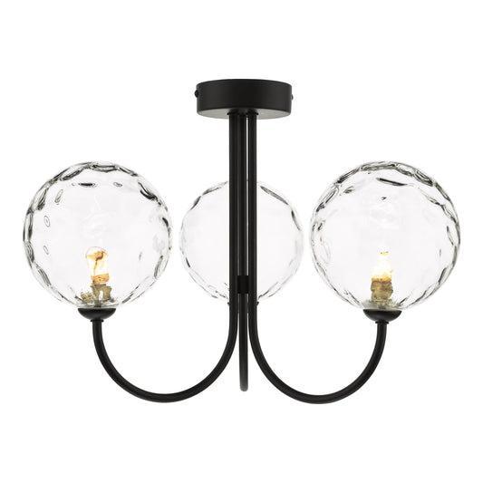 dar lighting Jared 3 Light Semi Flush Matt Black Clear Dimpled Glass JAR0322-12